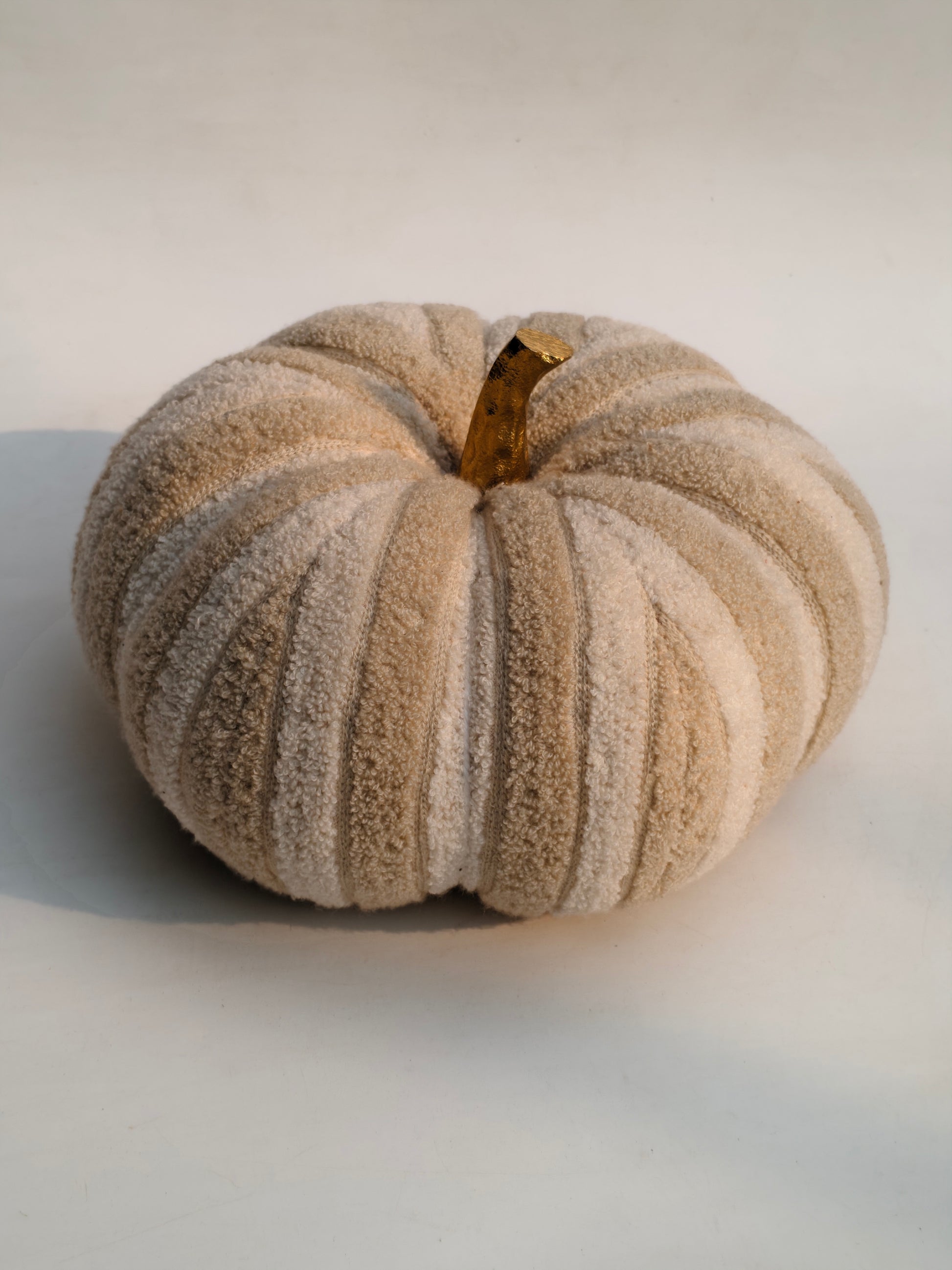 Plush Textured Fabric Pumpkin with Golden Stem – Cozy Neutral Home Décor