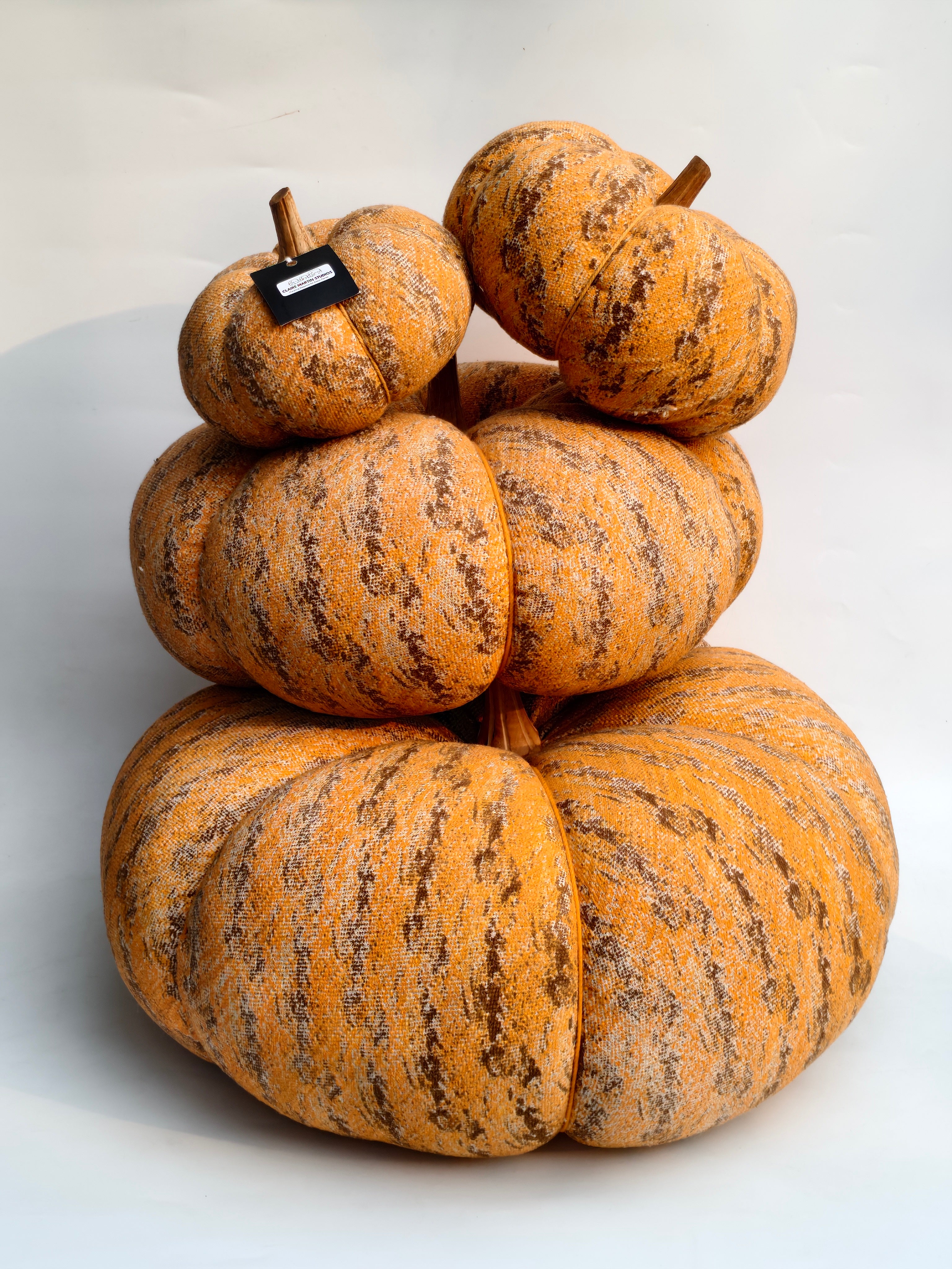 Extra-Large Handcrafted Pumpkin, Orange & Brown Speckled Fabric with Wooden Stem
