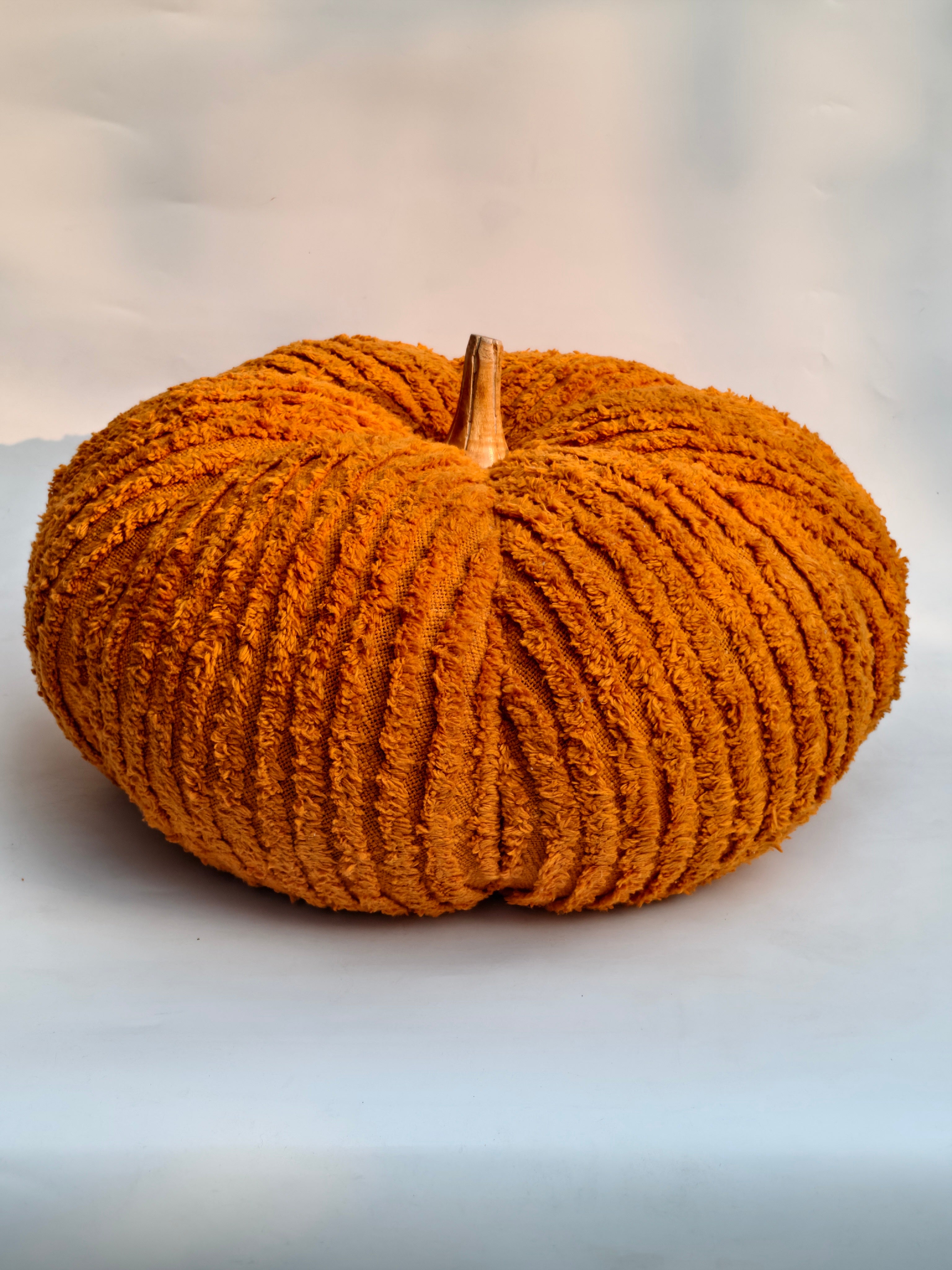 Extra Large Handcrafted Plush Pumpkin, Vibrant Orange Textured Fabric with Wooden Stem
