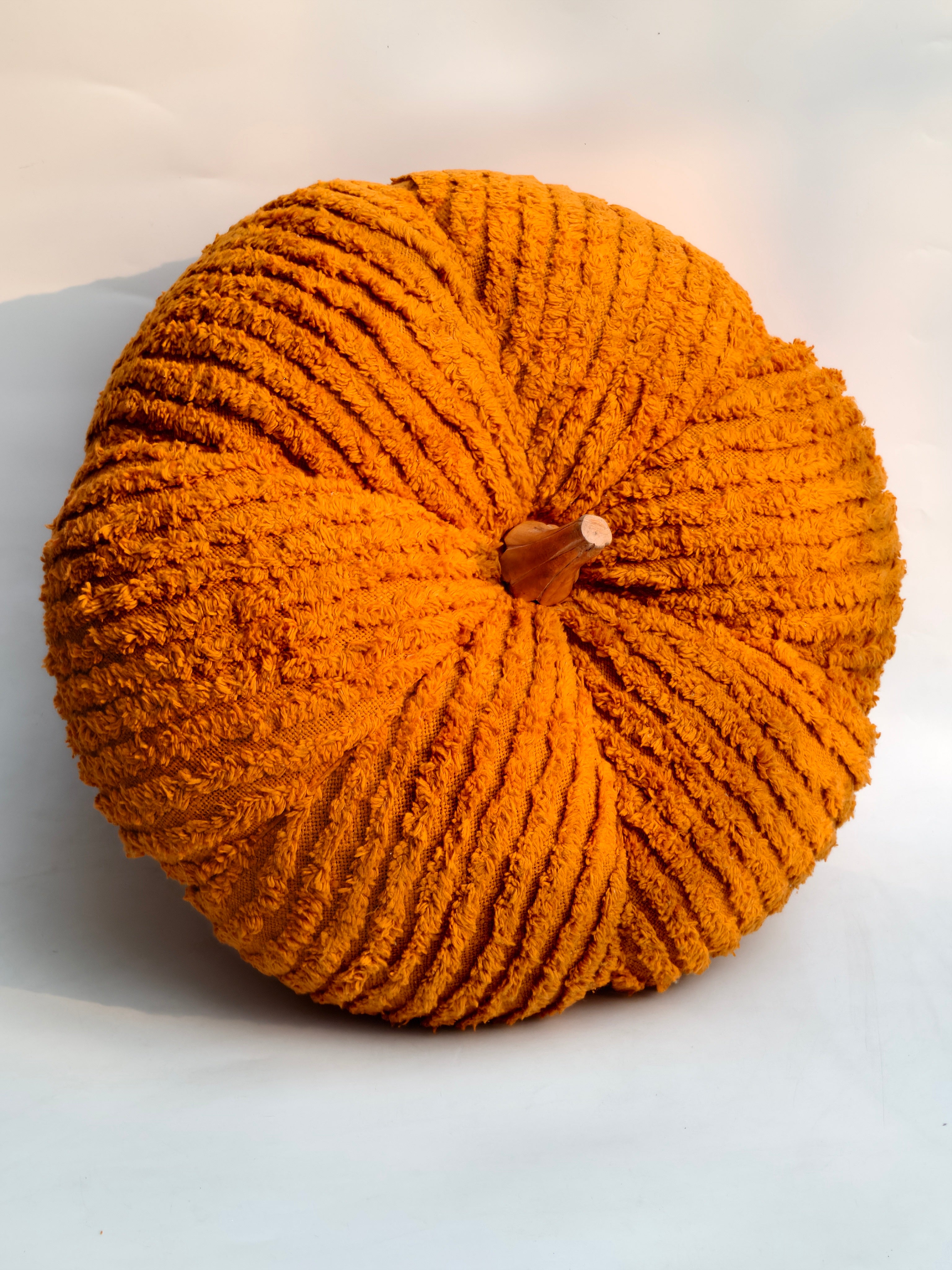 Extra Large Handcrafted Plush Pumpkin, Vibrant Orange Textured Fabric with Wooden Stem