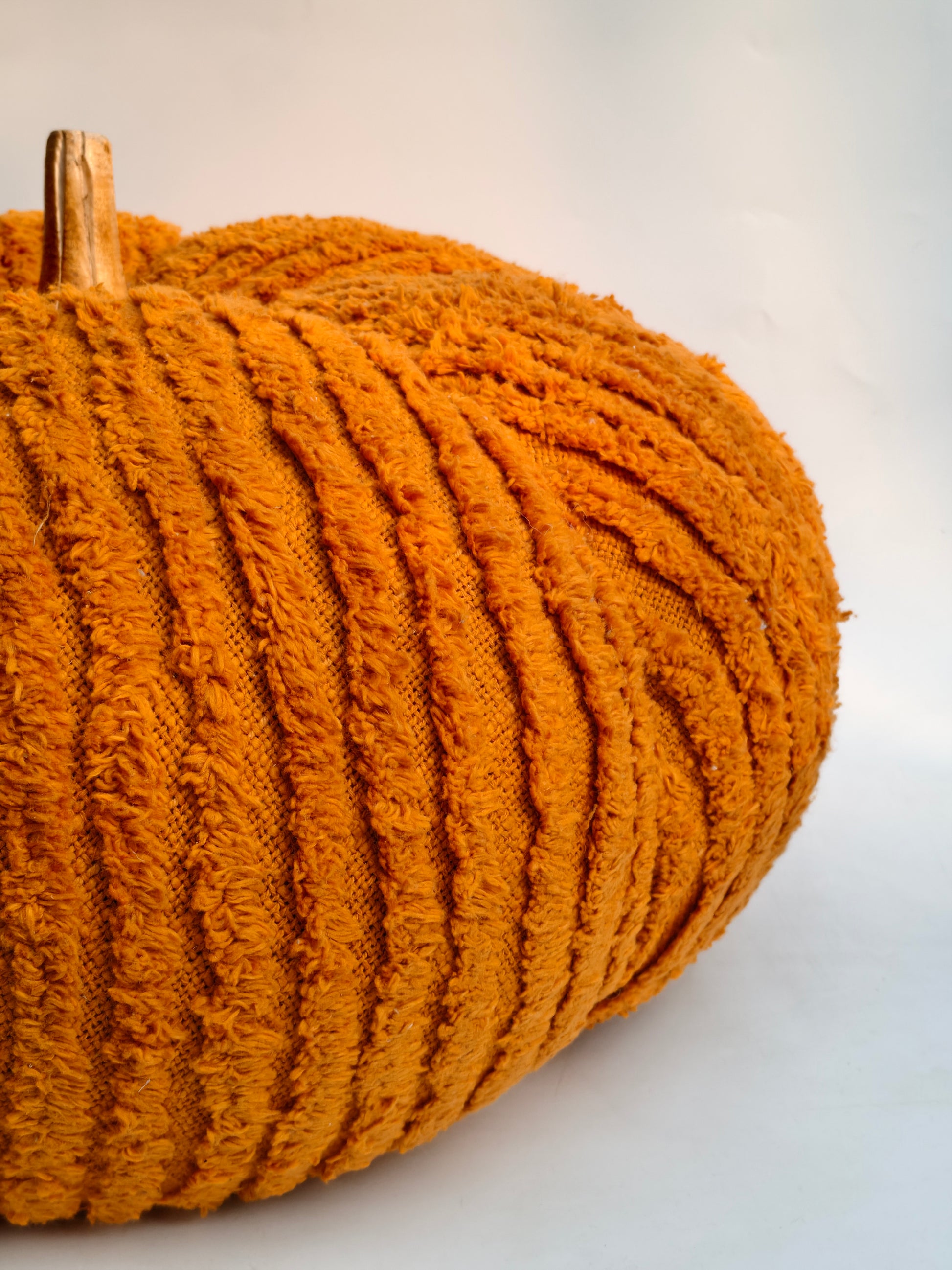 Extra Large Handcrafted Plush Pumpkin, Vibrant Orange Textured Fabric with Wooden Stem