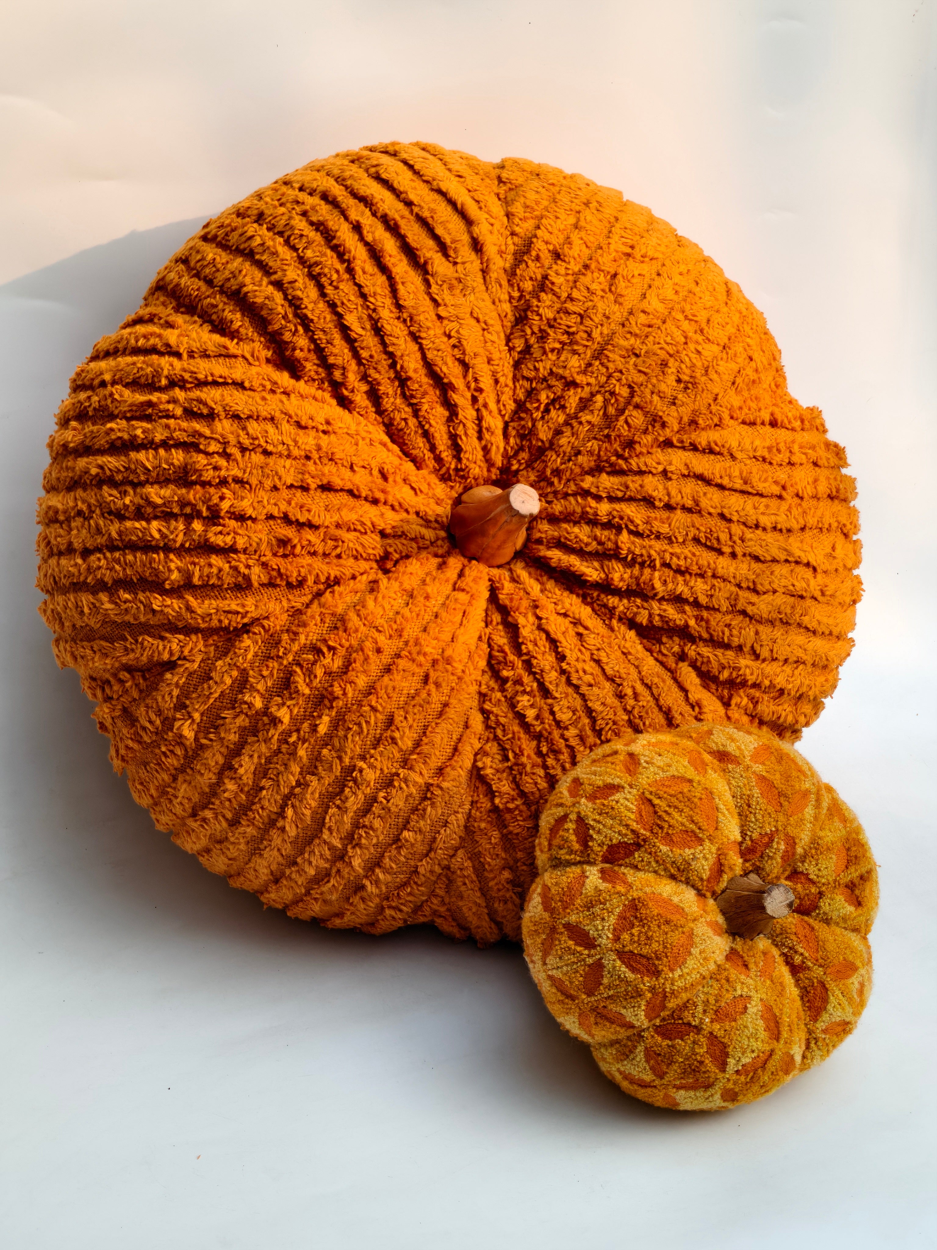 Extra Large Handcrafted Plush Pumpkin, Vibrant Orange Textured Fabric with Wooden Stem