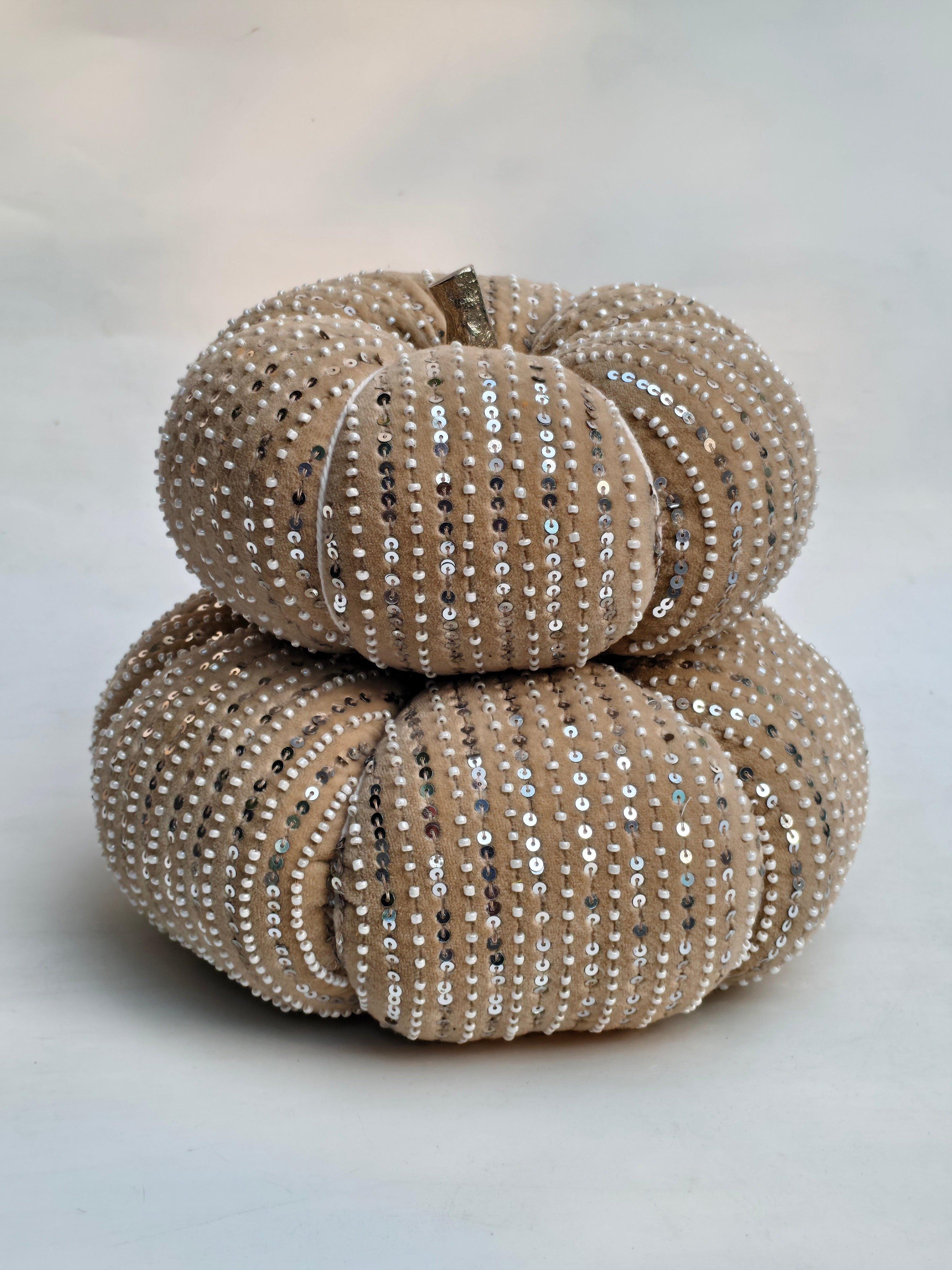 Elegant Handcrafted Velvet Pumpkin with Champagne Sequin Accents