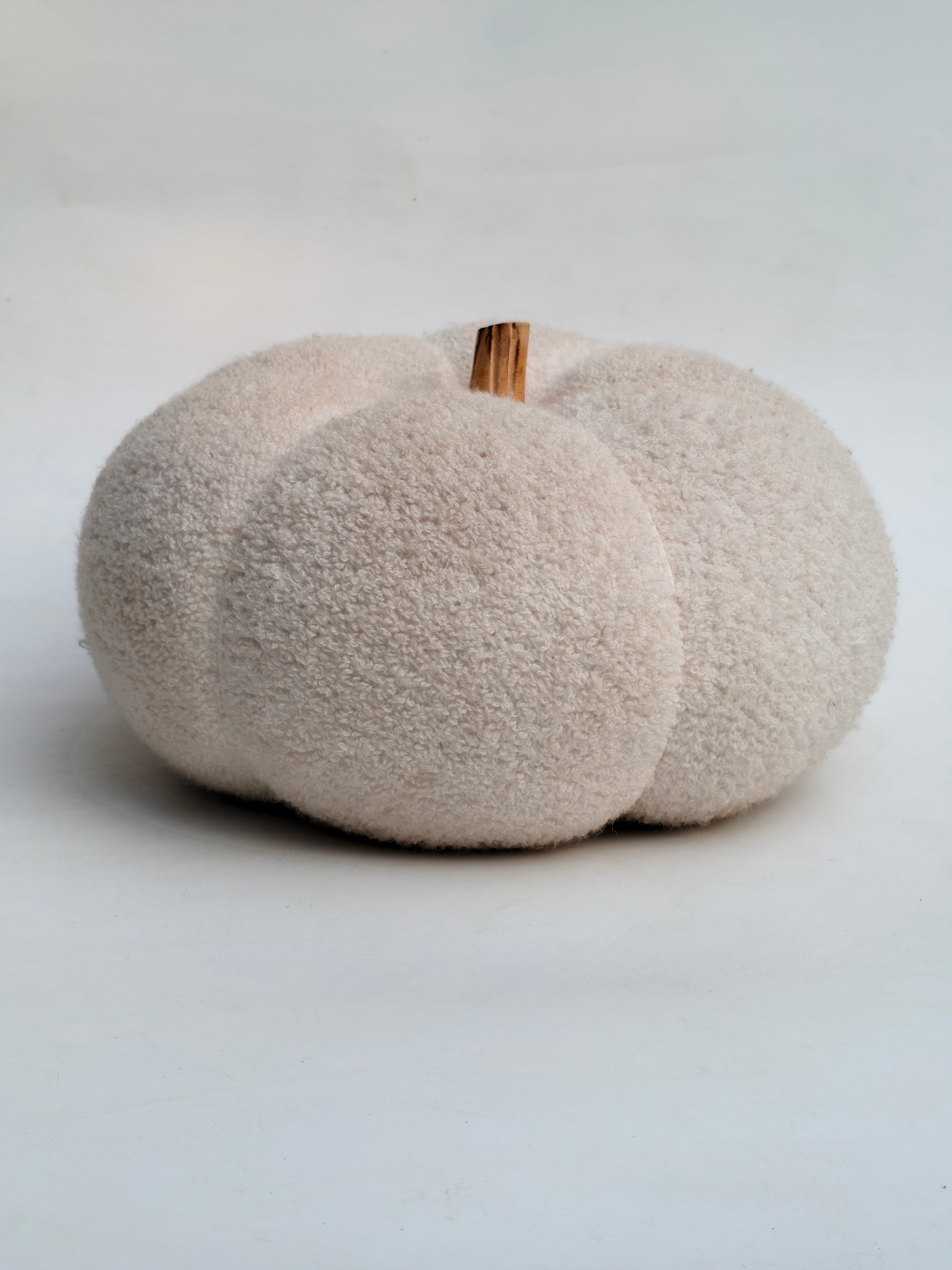 Handmade Off-White Teddy Pumpkin with Wooden Stem