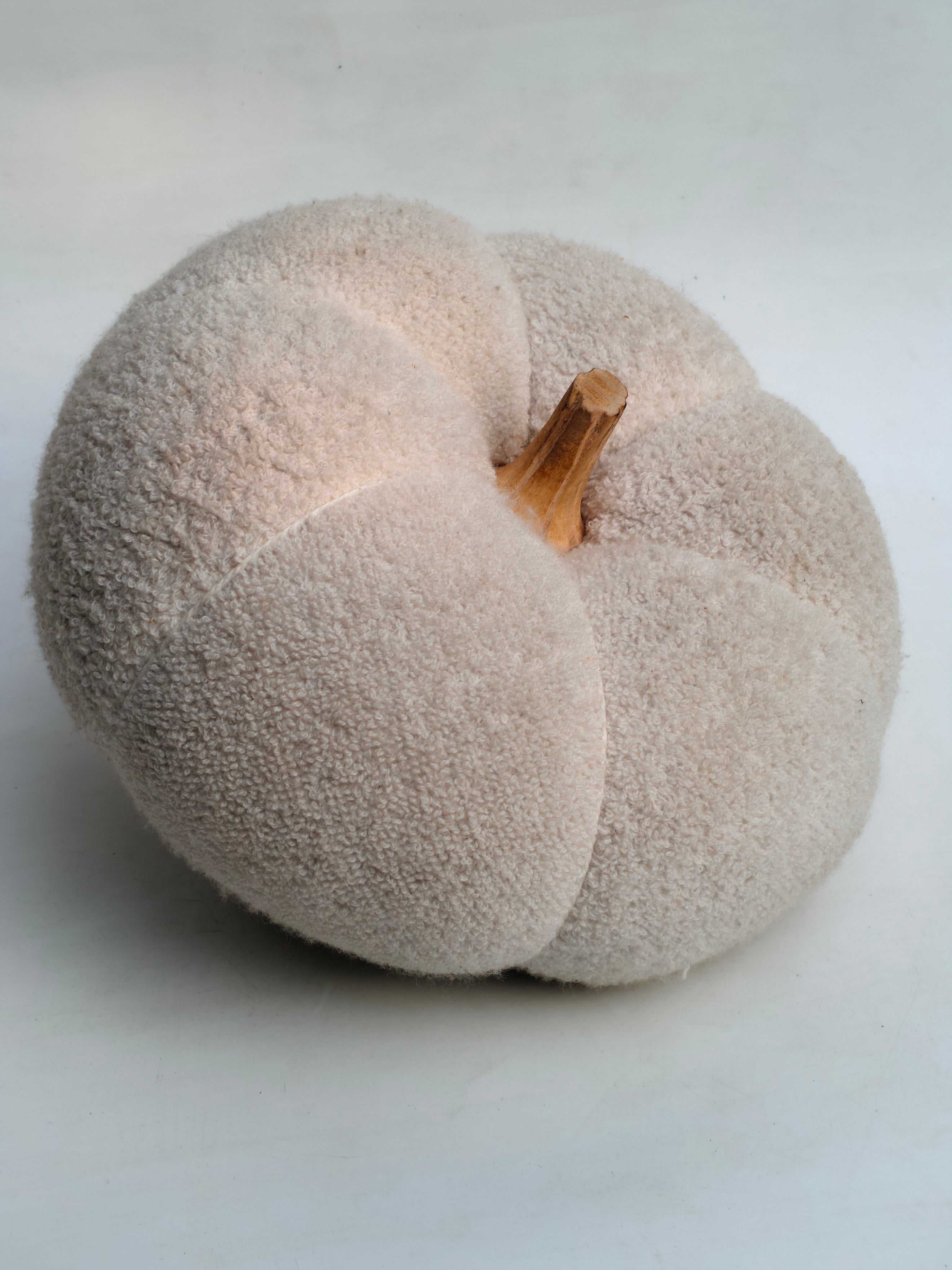 Handmade Off-White Teddy Pumpkin with Wooden Stem
