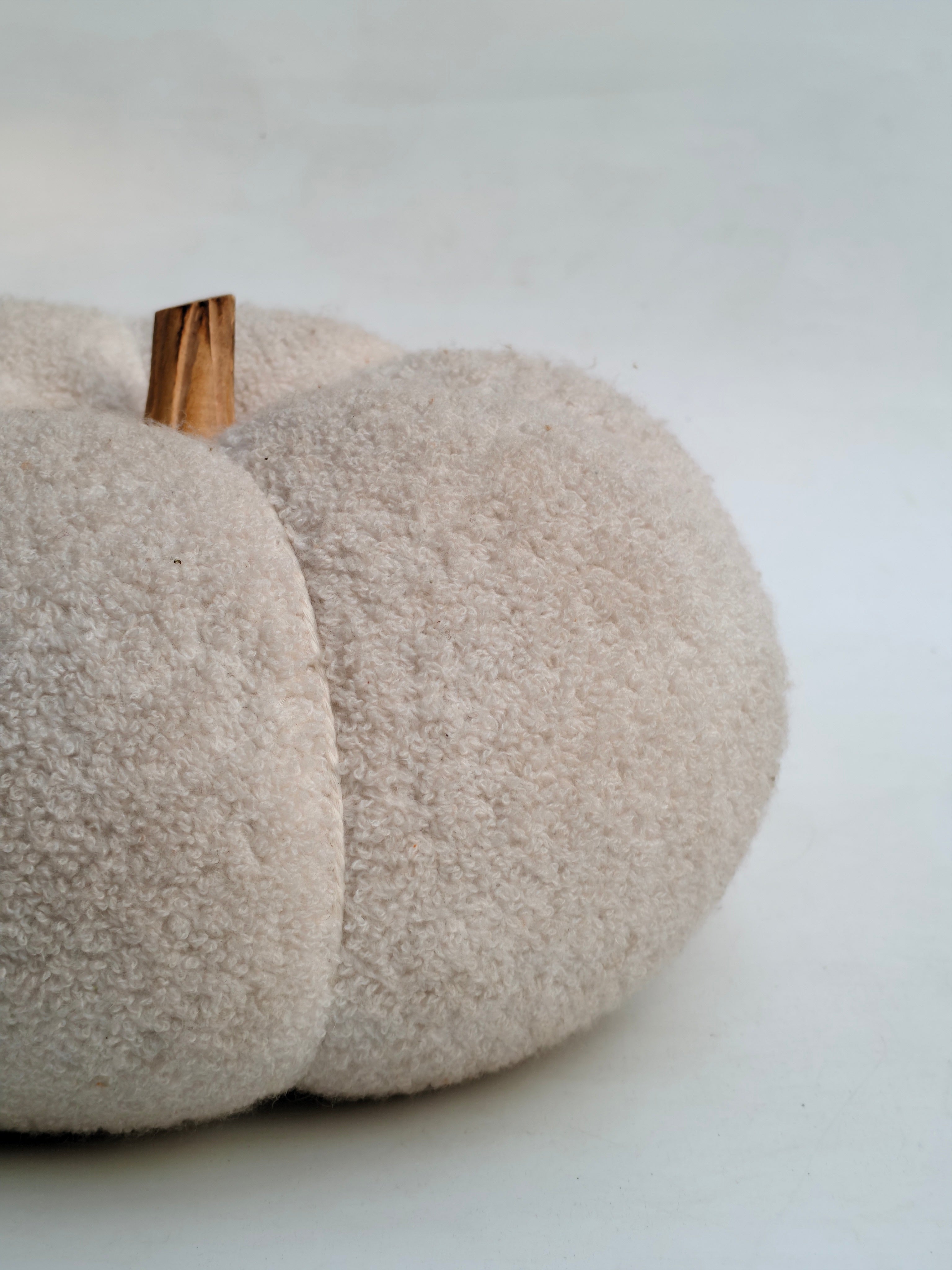 Handmade Off-White Teddy Pumpkin with Wooden Stem