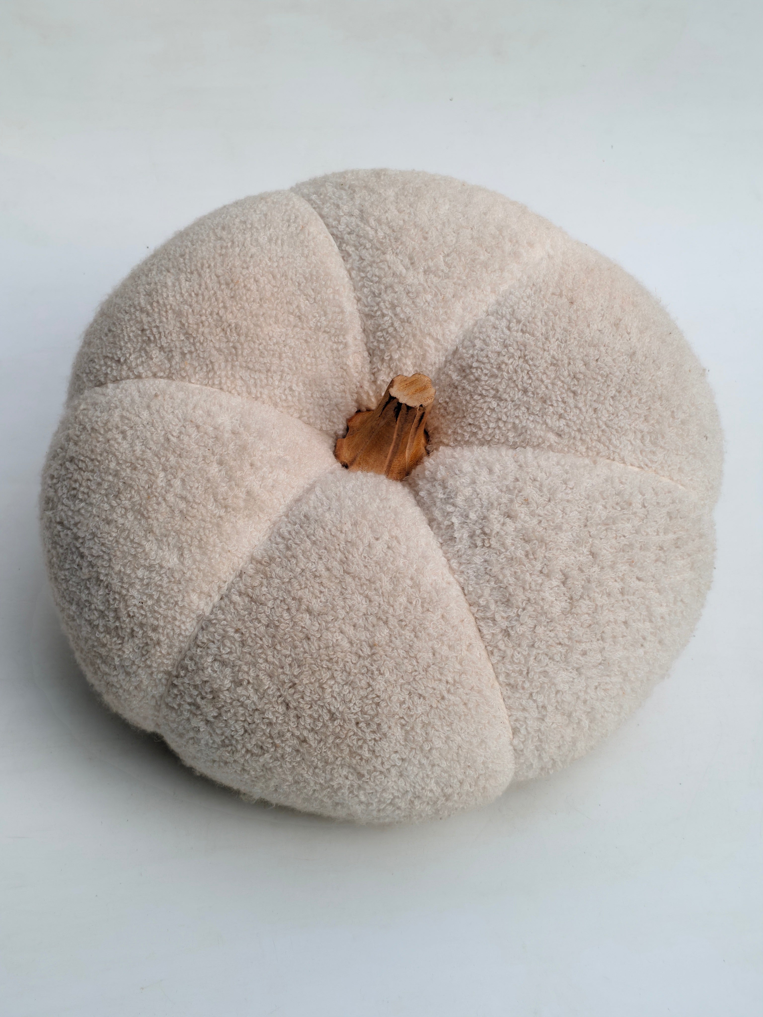 Handmade Off-White Teddy Pumpkin with Wooden Stem