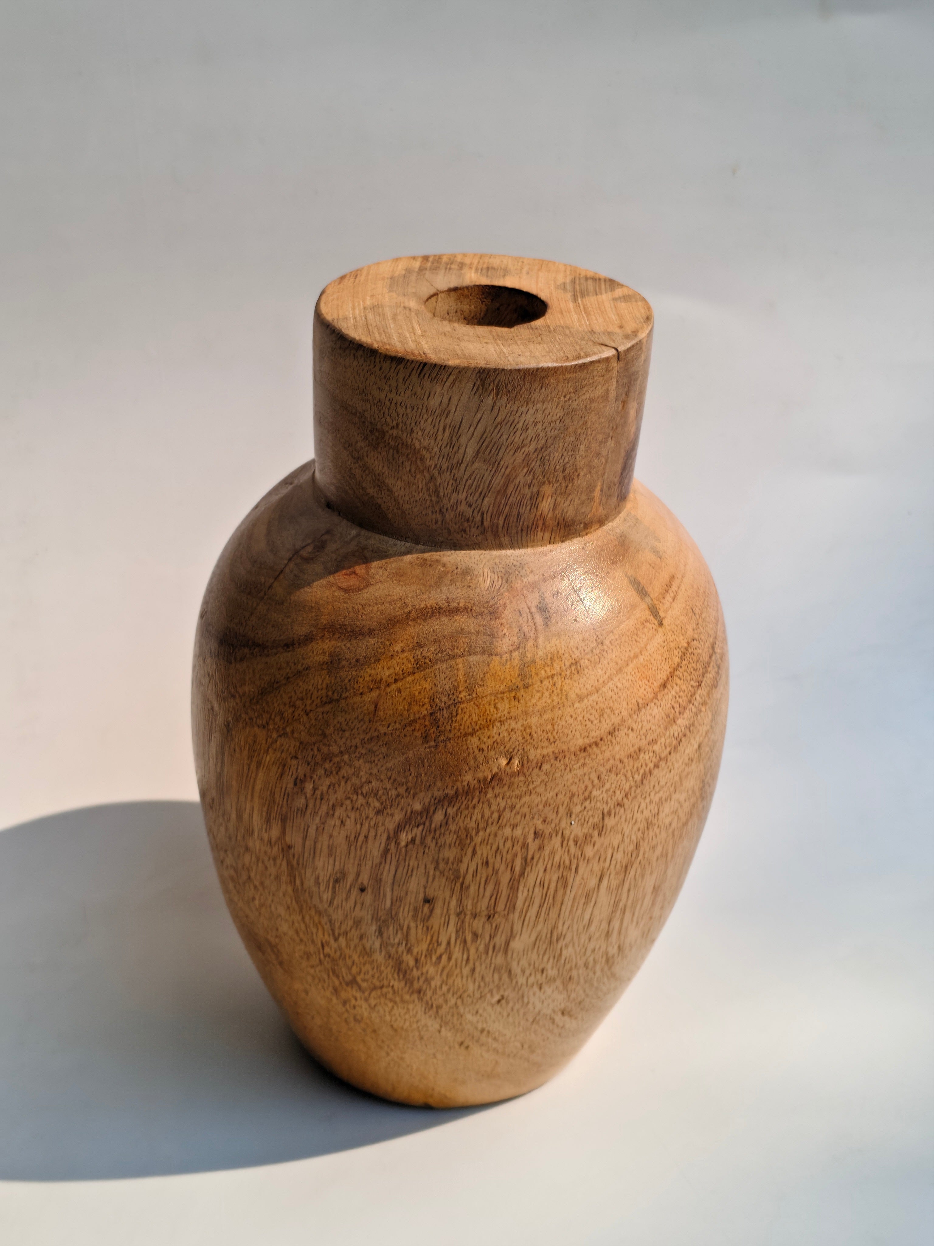 Artisanal Hand-Carved Natural Wooden Vase