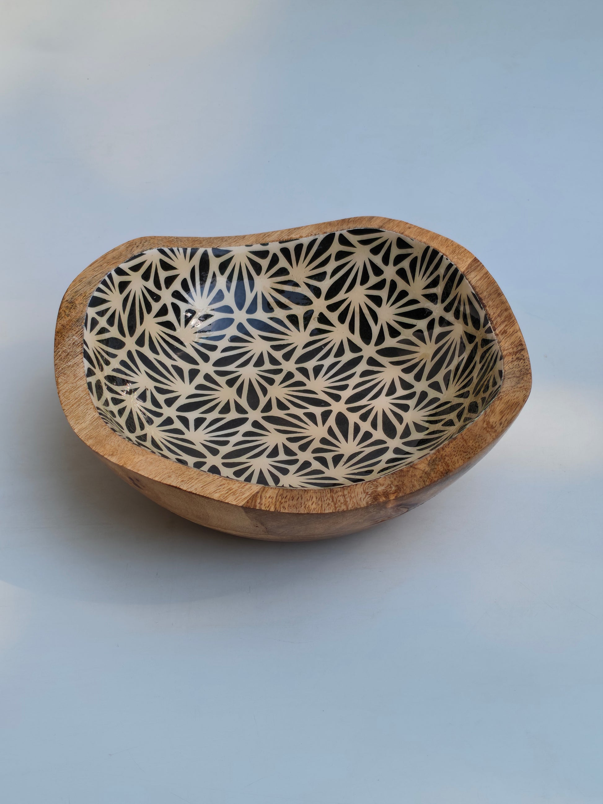 Hand-Carved Decorative Wooden Bowl | Black & Beige Geometric Inlay Accent Piece
