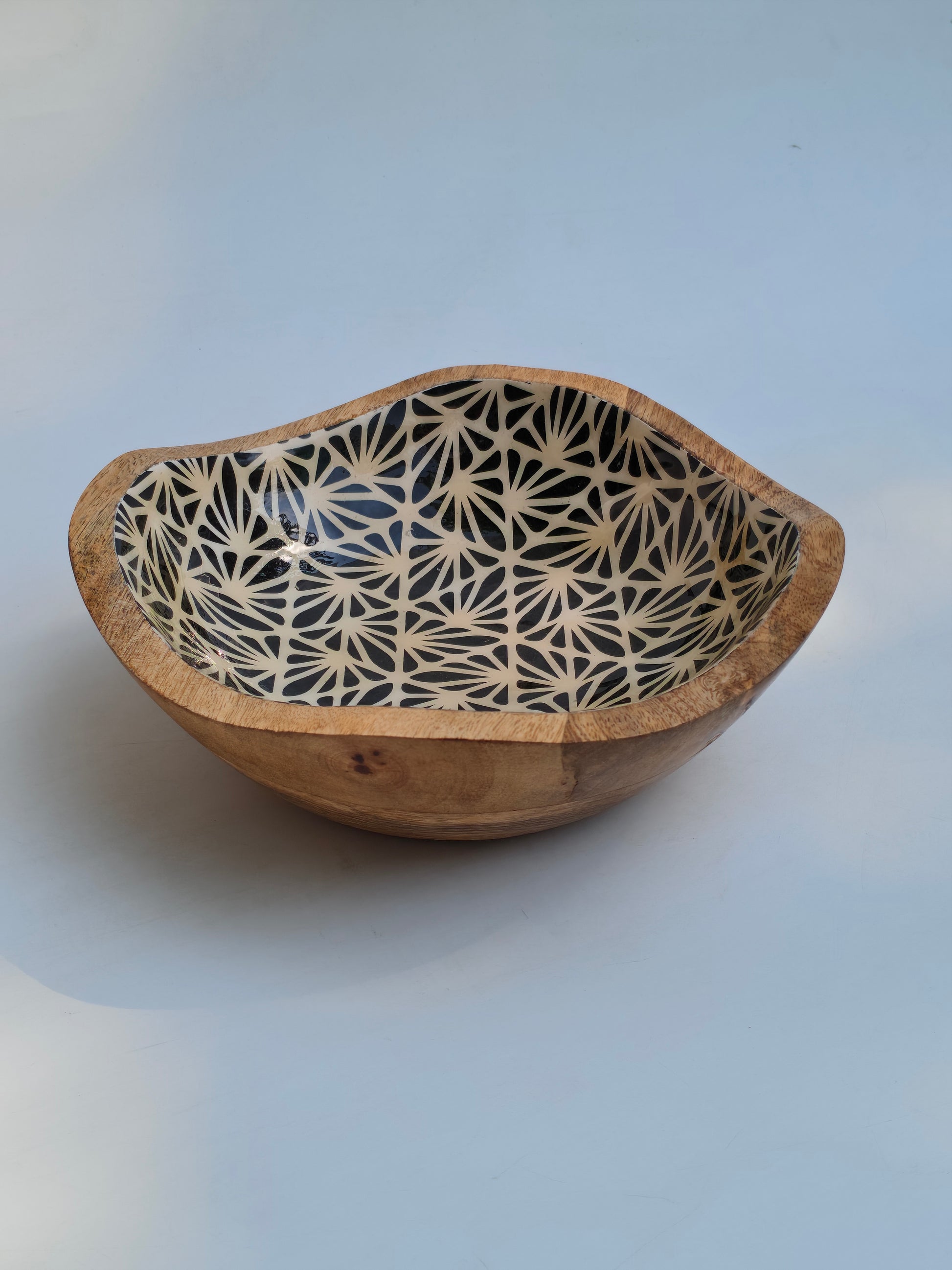 Hand-Carved Decorative Wooden Bowl | Black & Beige Geometric Inlay Accent Piece