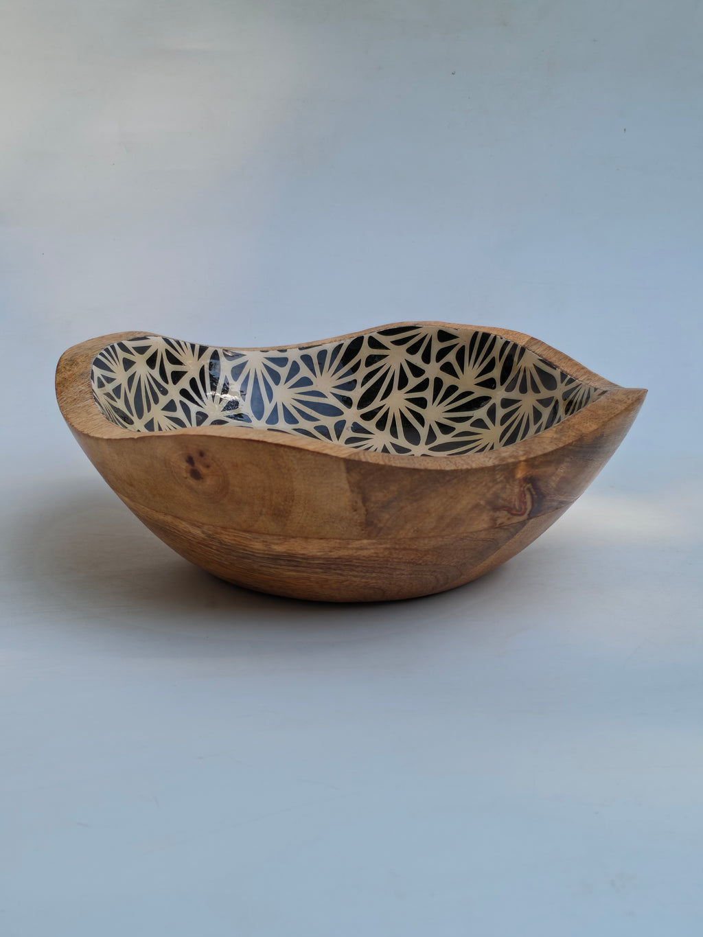 Hand-Carved Decorative Wooden Bowl | Black & Beige Geometric Inlay Accent Piece