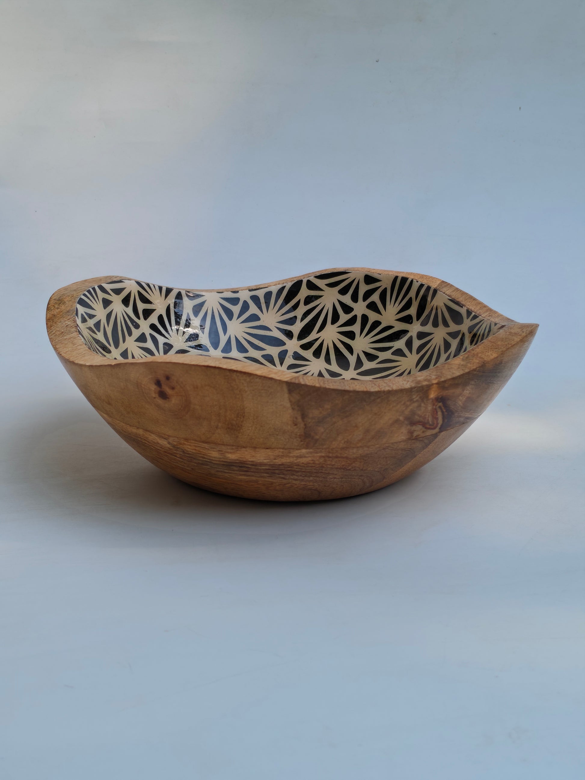 Hand-Carved Decorative Wooden Bowl | Black & Beige Geometric Inlay Accent Piece