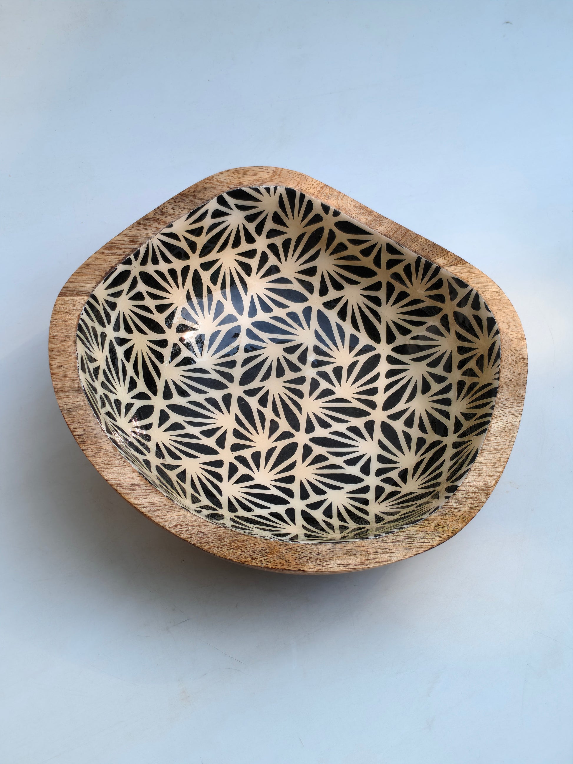 Hand-Carved Decorative Wooden Bowl | Black & Beige Geometric Inlay Accent Piece