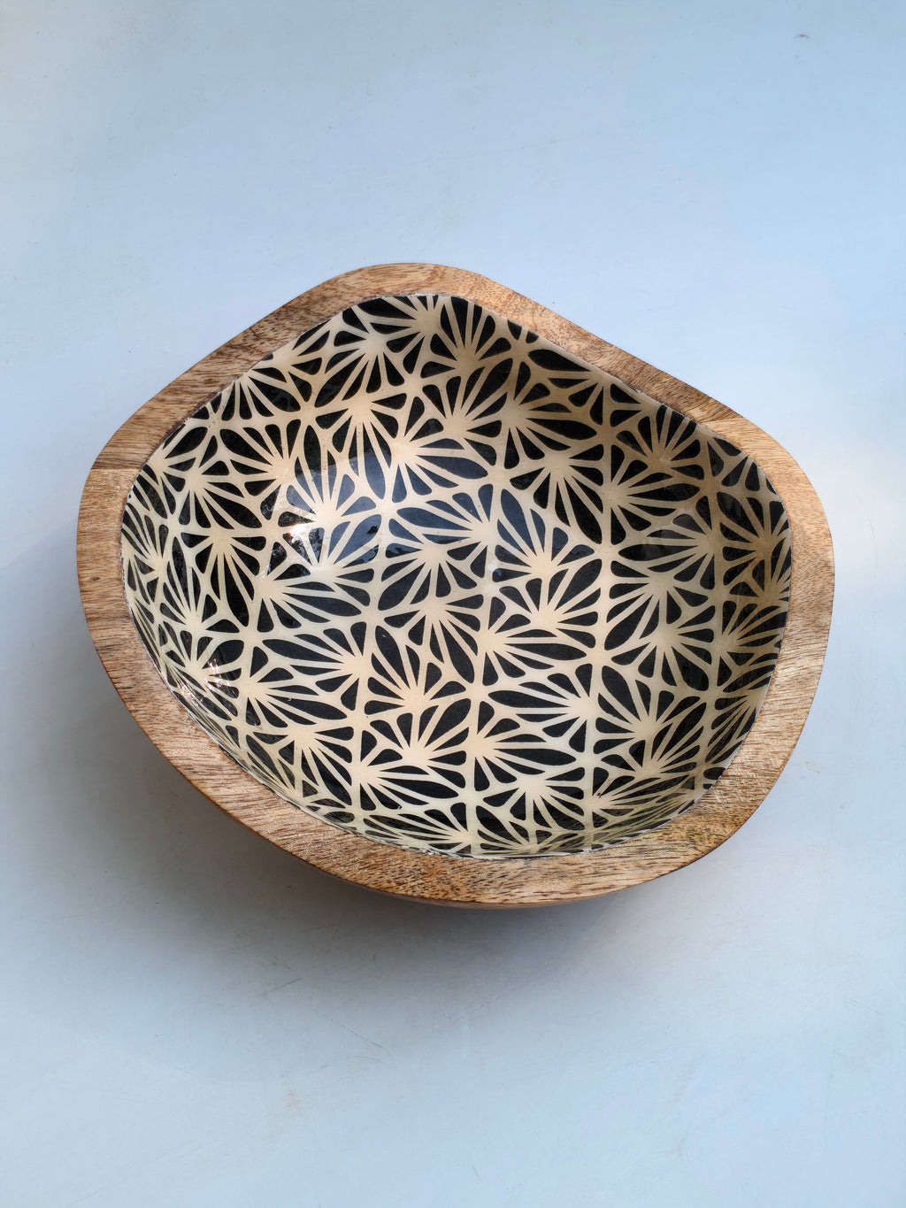 Hand-Carved Decorative Wooden Bowl | Black & Beige Geometric Inlay Accent Piece