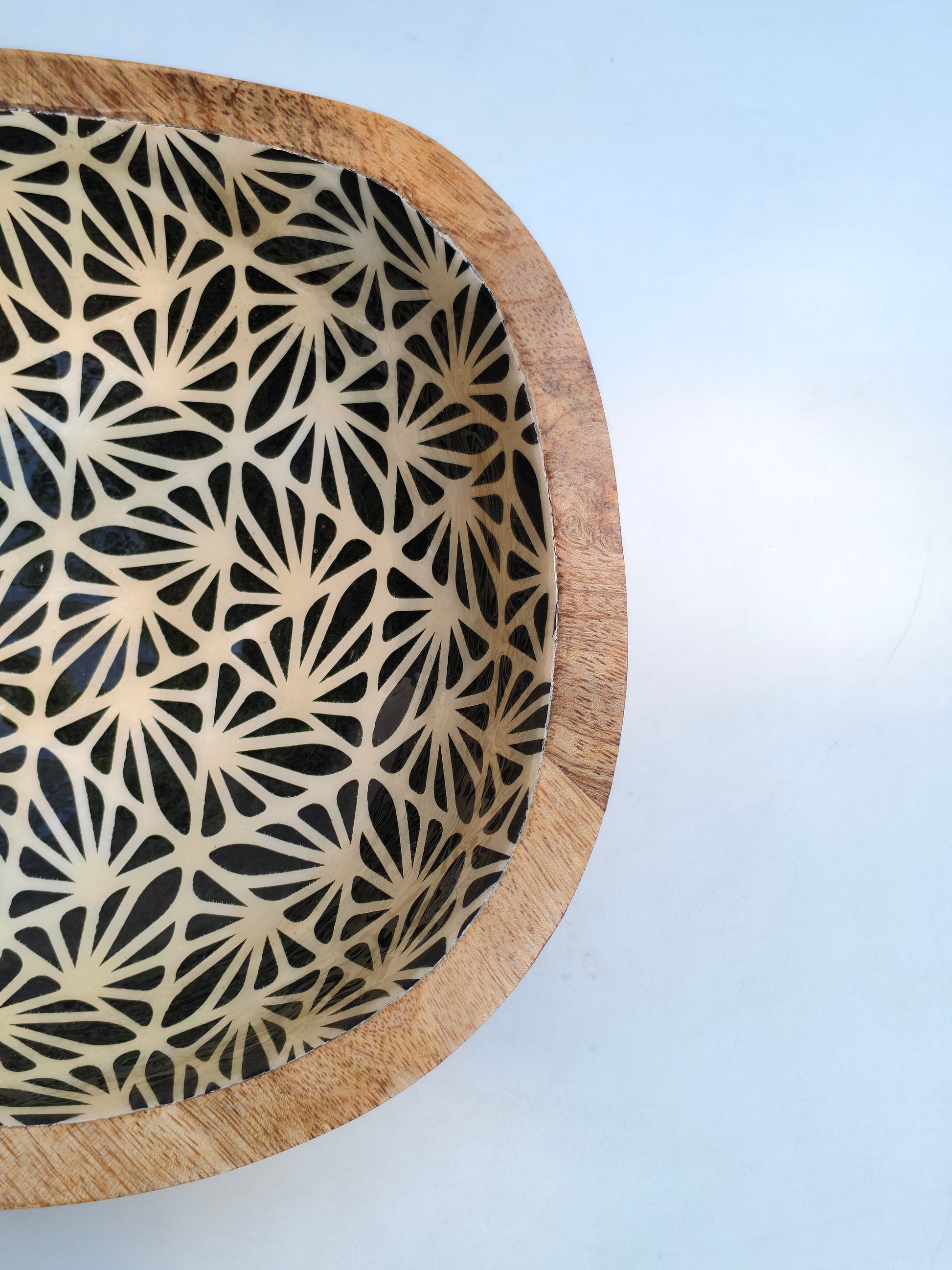 Hand-Carved Decorative Wooden Bowl | Black & Beige Geometric Inlay Accent Piece
