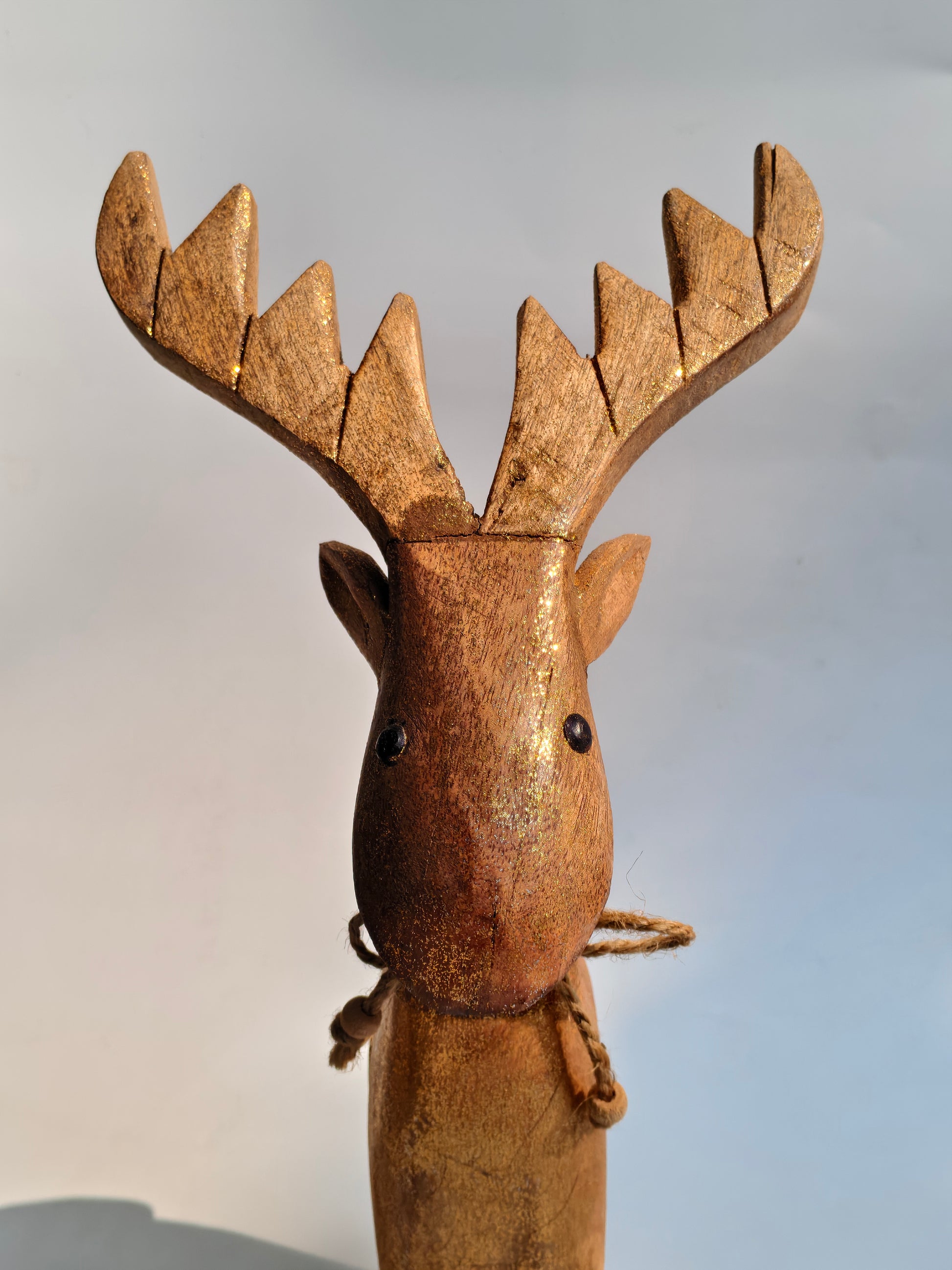 Handcrafted Wooden Reindeer Figurine | Rustic Gold Glitter Home Decor Accent