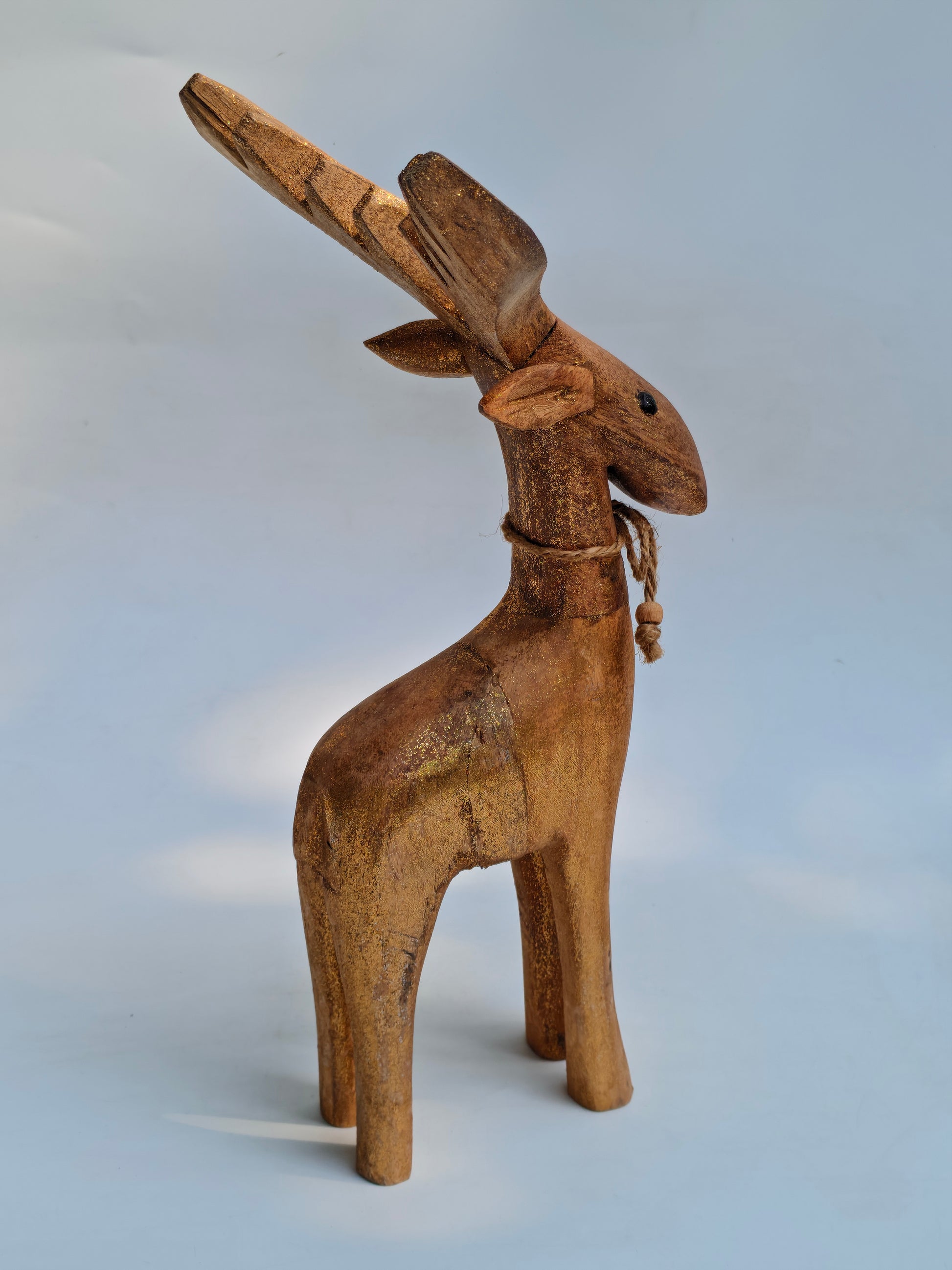 Handcrafted Wooden Reindeer Figurine | Rustic Gold Glitter Home Decor Accent
