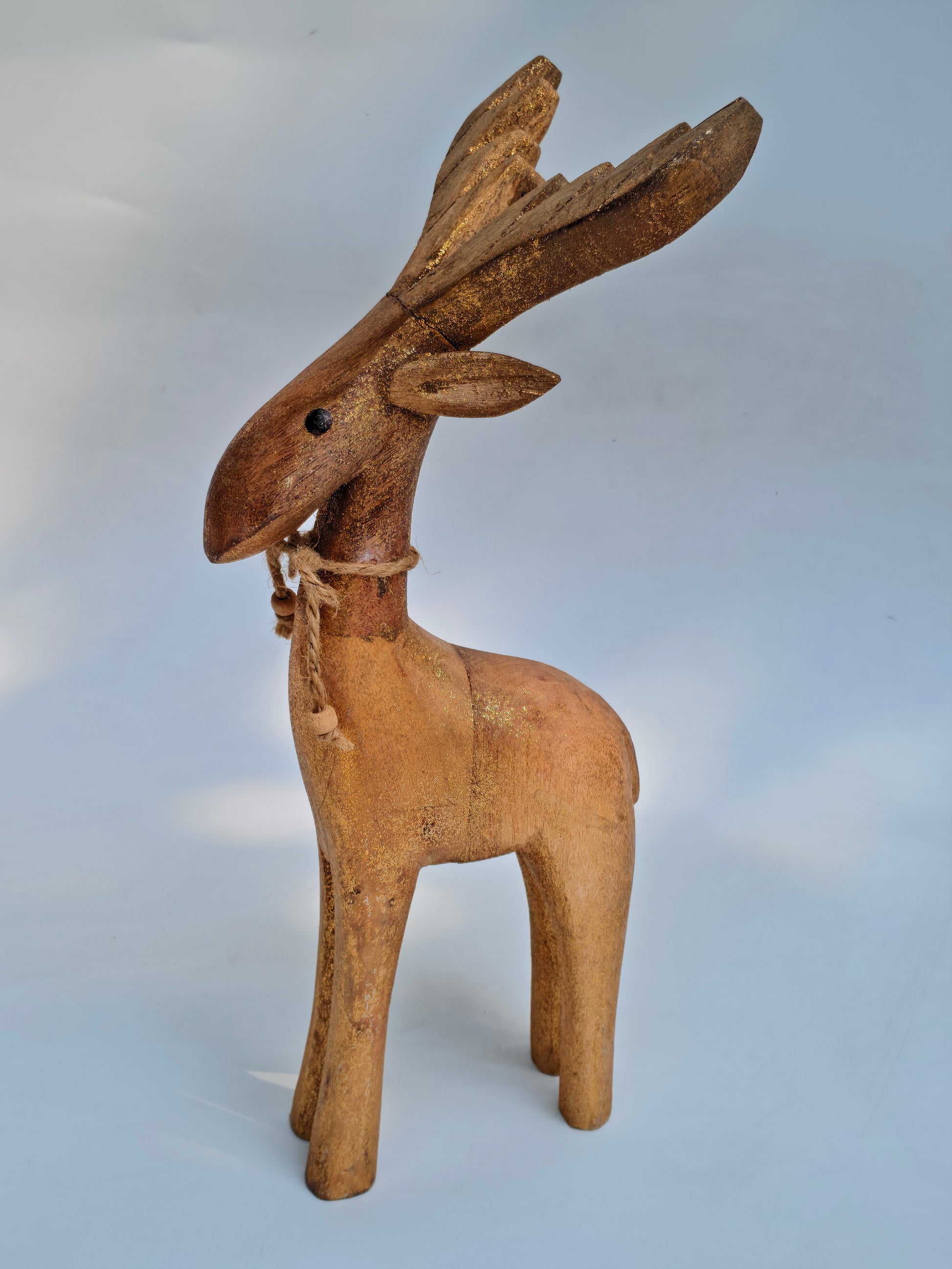 Handcrafted Wooden Reindeer Figurine | Rustic Gold Glitter Home Decor Accent