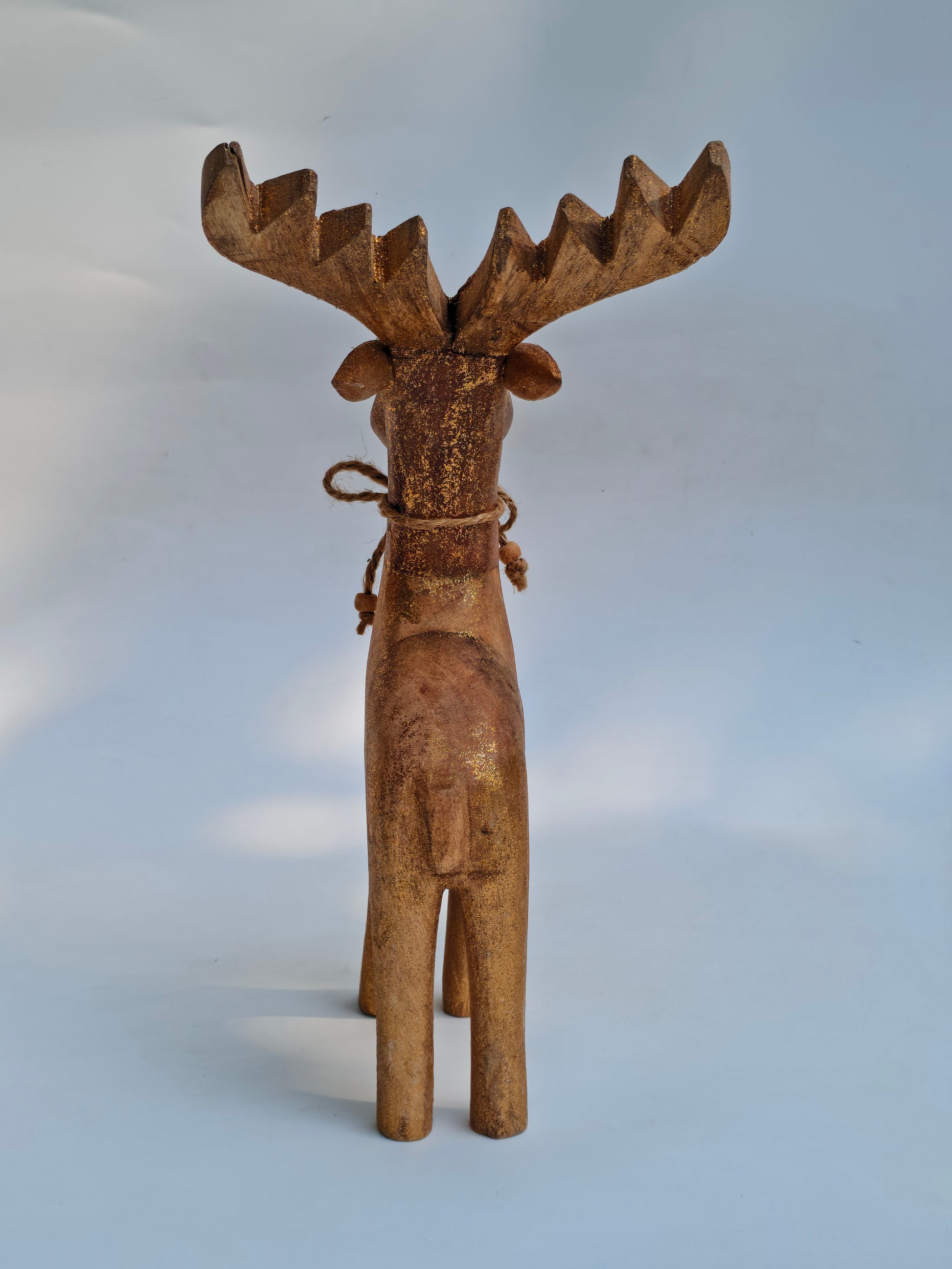 Handcrafted Wooden Reindeer Figurine | Rustic Gold Glitter Home Decor Accent
