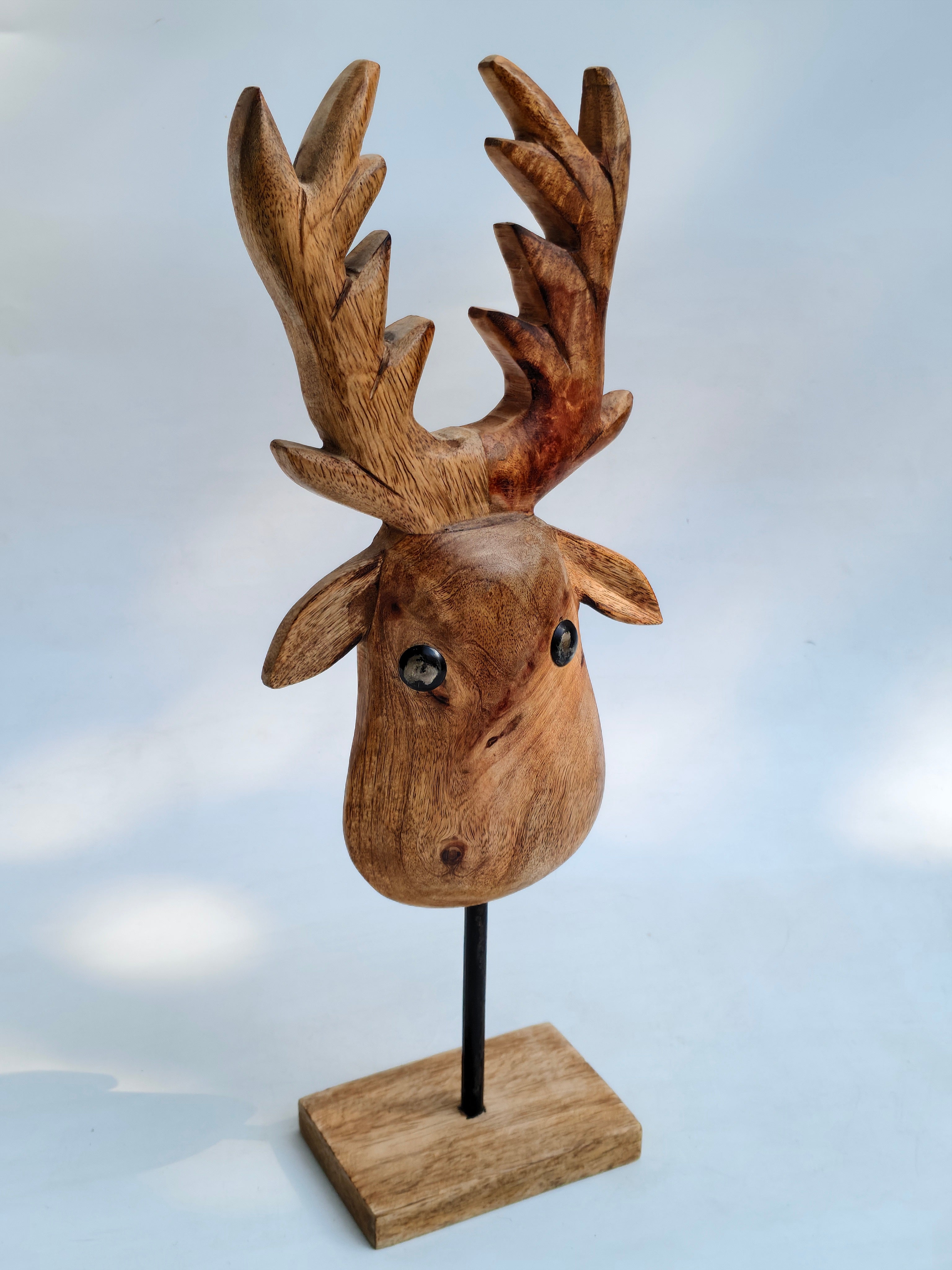 Handcrafted Wooden Deer Head Decor on Stand