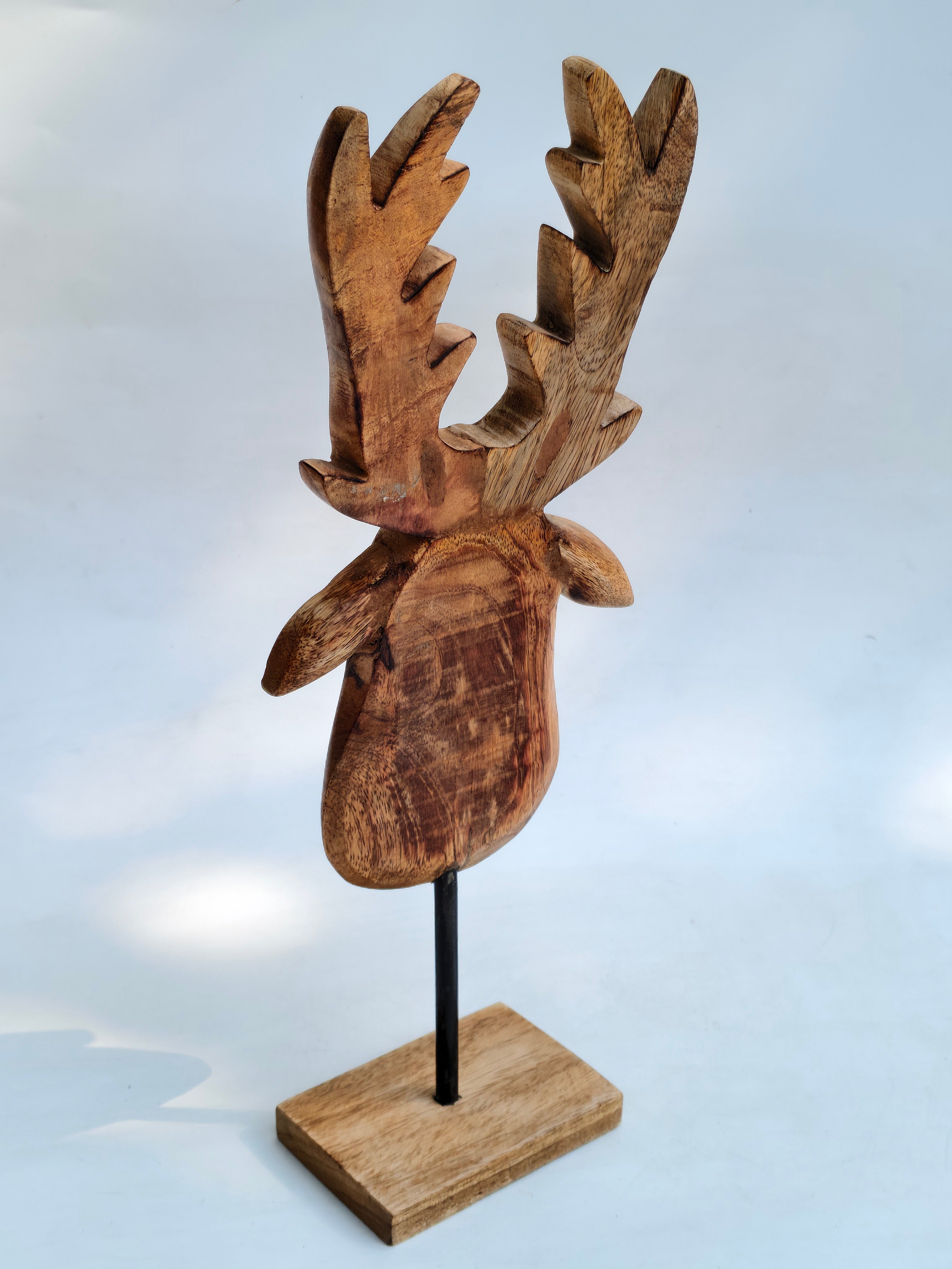 Handcrafted Wooden Deer Head Decor on Stand