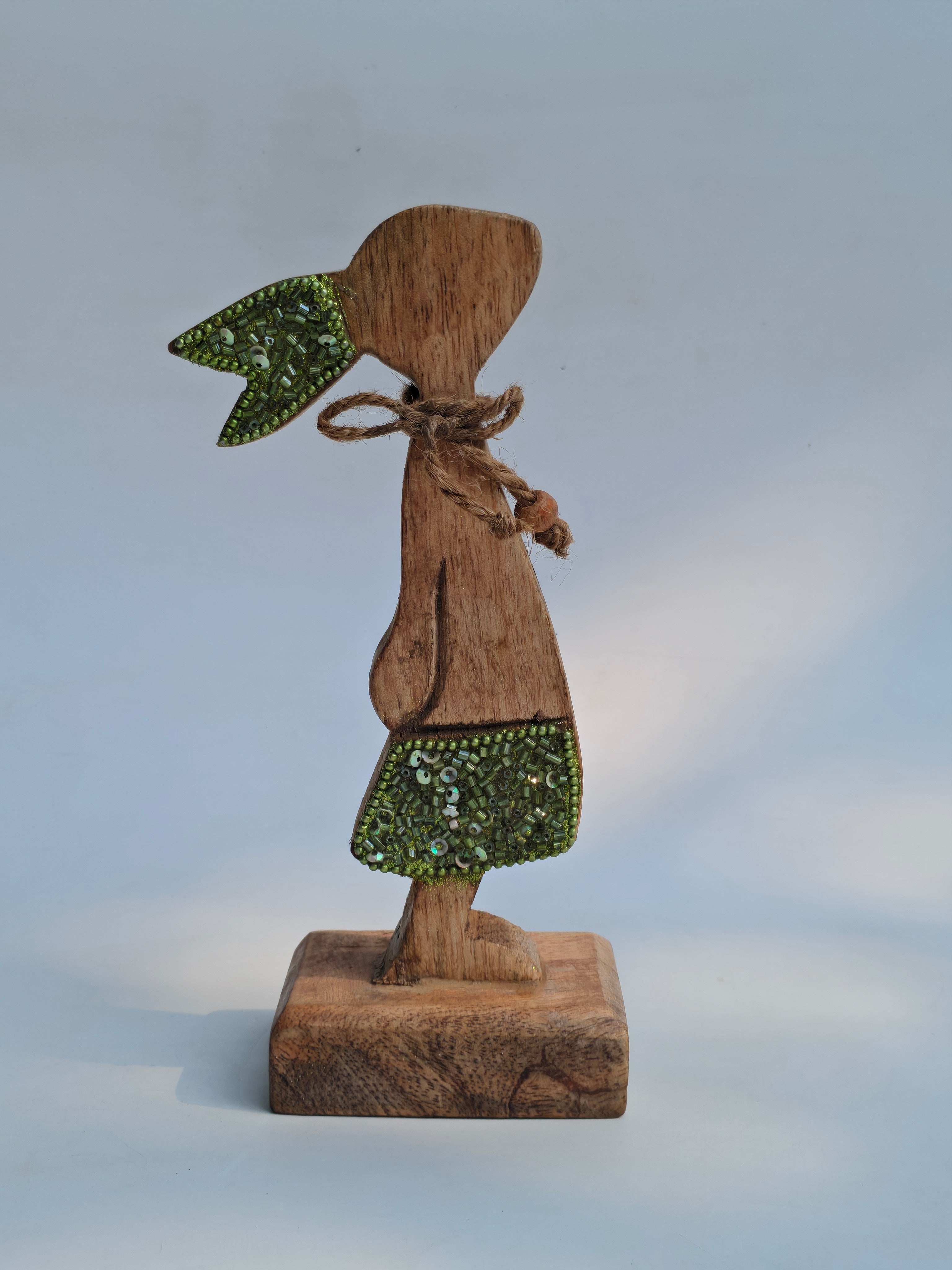 Handcrafted Wooden Bunny Figurine with Beaded Detailing – Rustic Home Decor