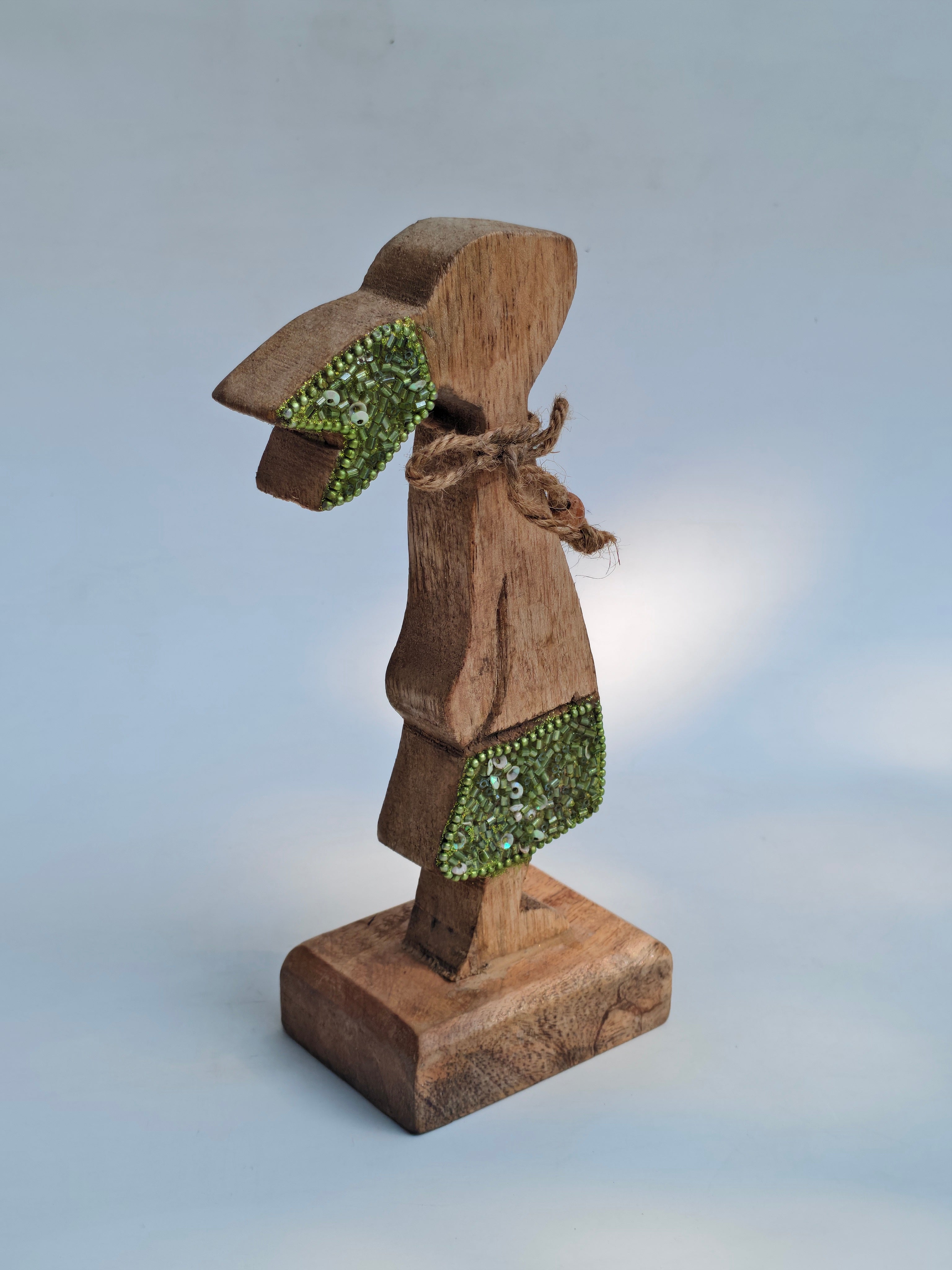 Handcrafted Wooden Bunny Figurine with Beaded Detailing – Rustic Home Decor