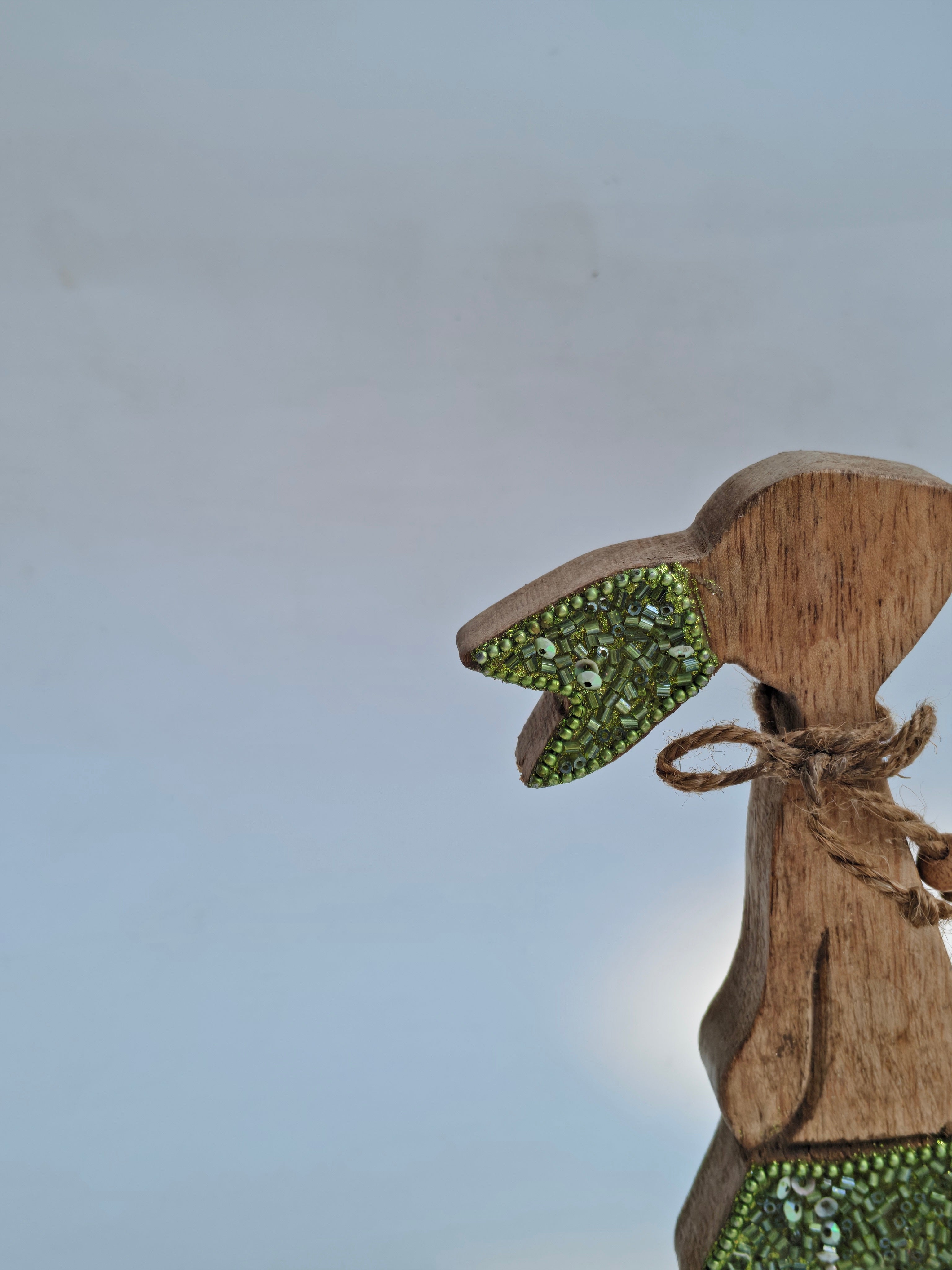 Handcrafted Wooden Bunny Figurine with Beaded Detailing – Rustic Home Decor