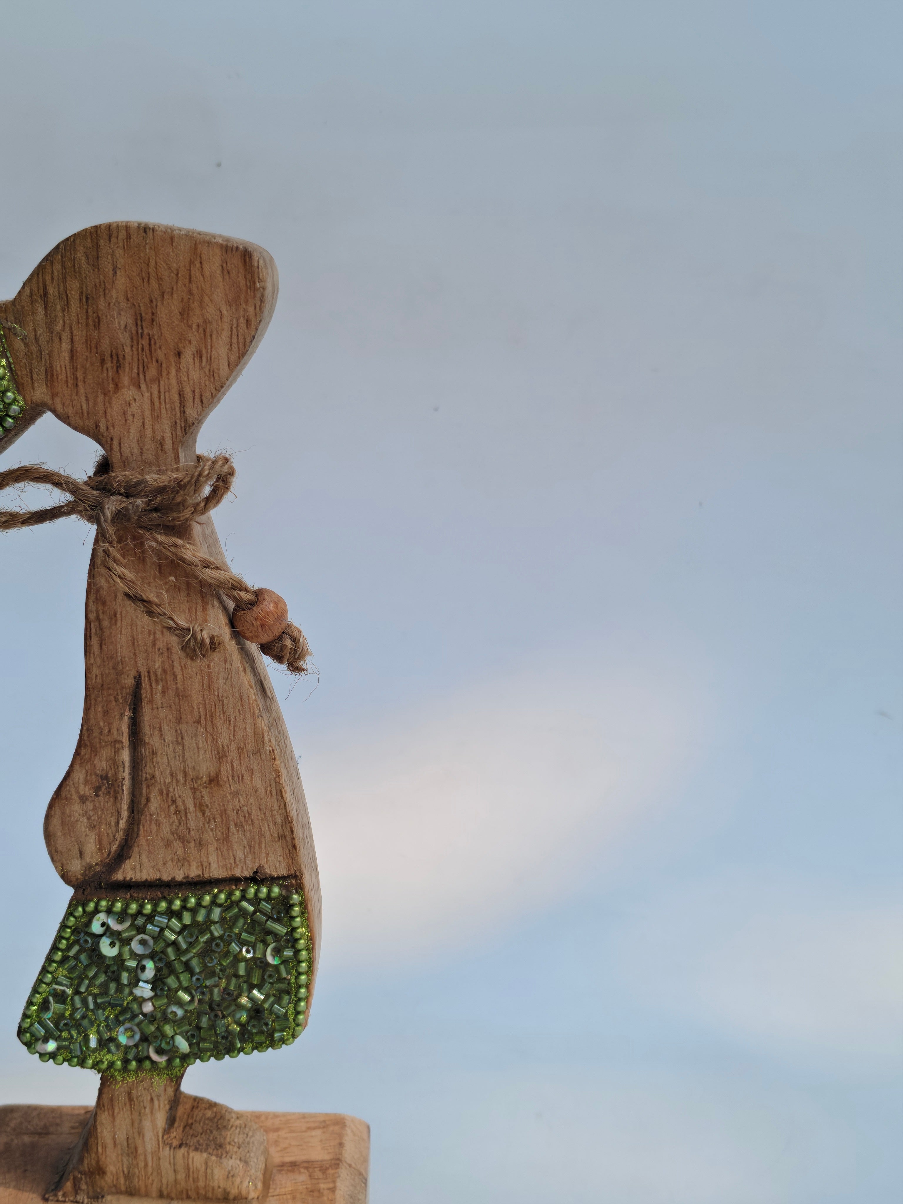 Handcrafted Wooden Bunny Figurine with Beaded Detailing – Rustic Home Decor