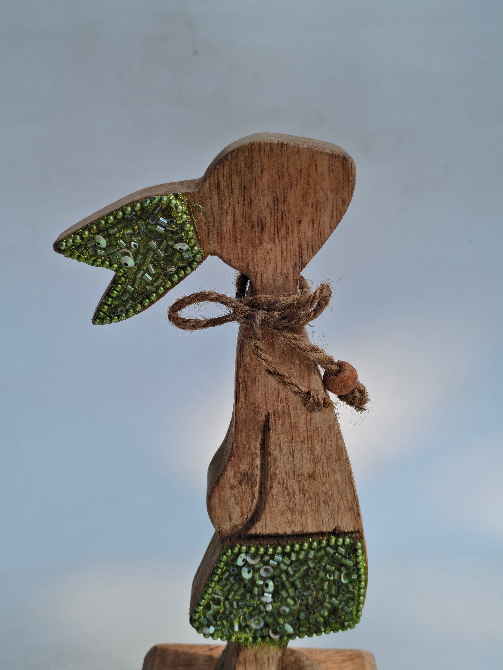 Handcrafted Wooden Bunny Figurine with Beaded Detailing – Rustic Home Decor