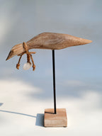 Handcrafted Wooden Bird Sculpture with Shell Accent