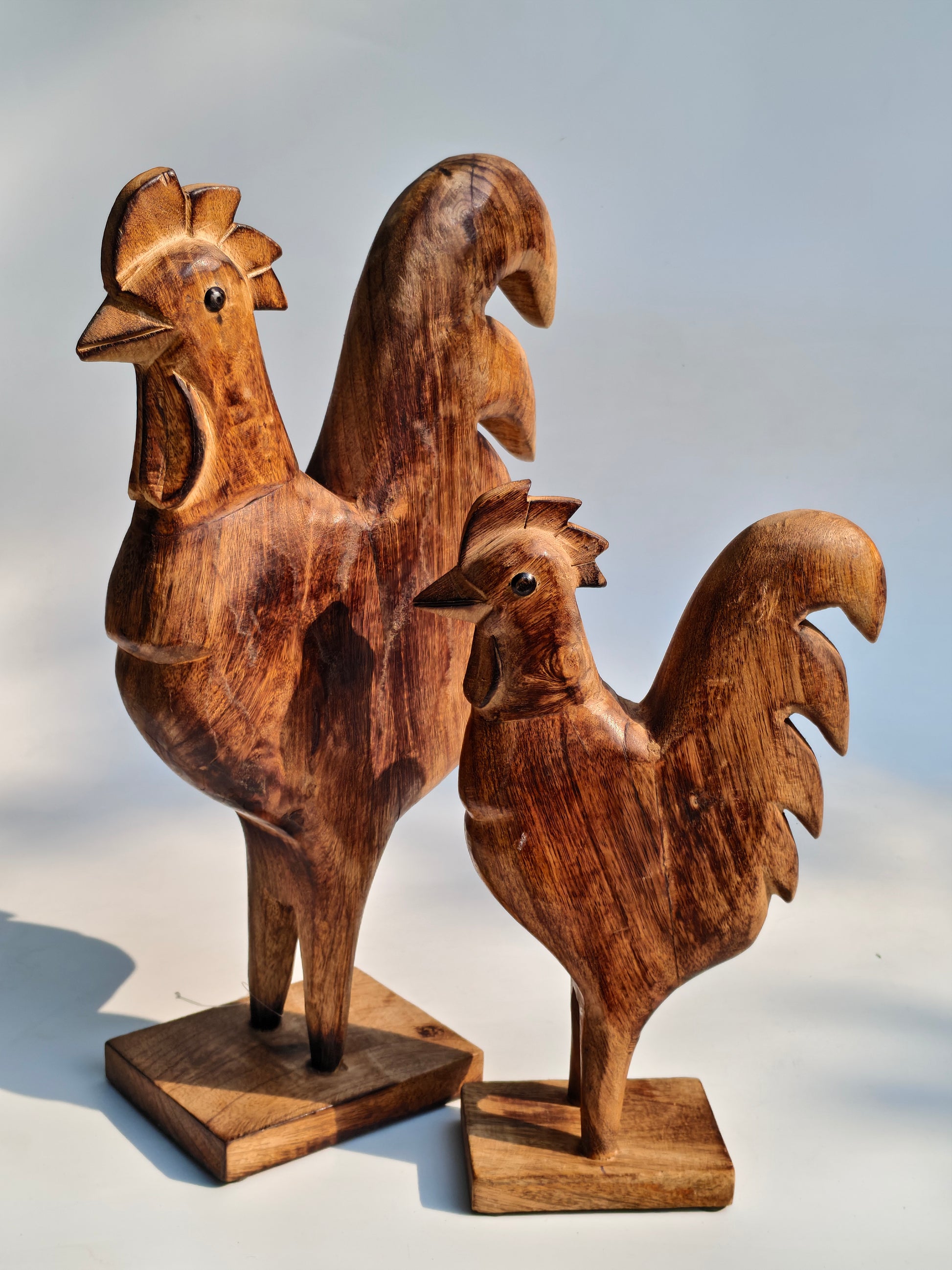 Handcrafted Wooden Rooster Figurines – Set of 2