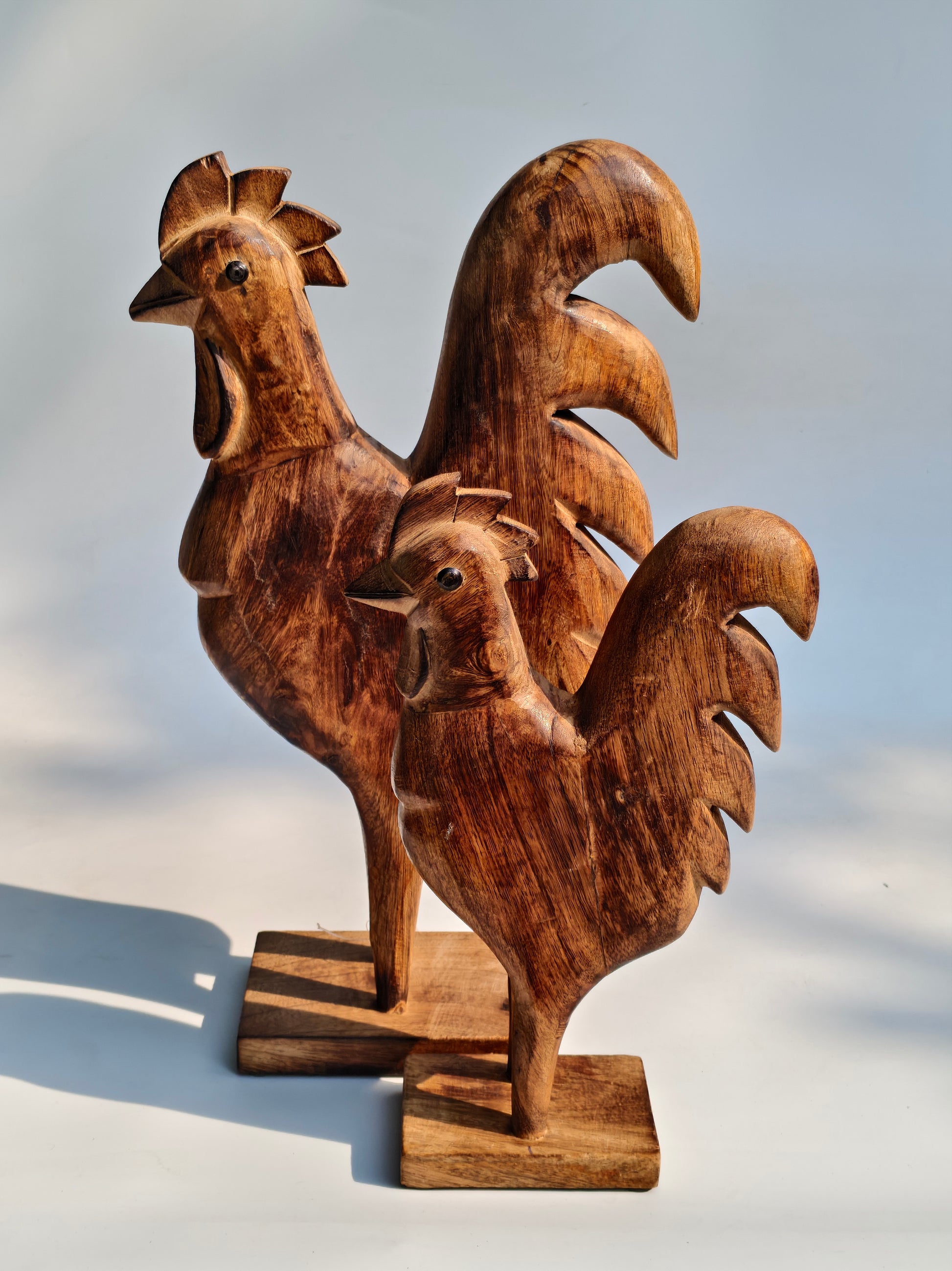 Handcrafted Wooden Rooster Figurines – Set of 2