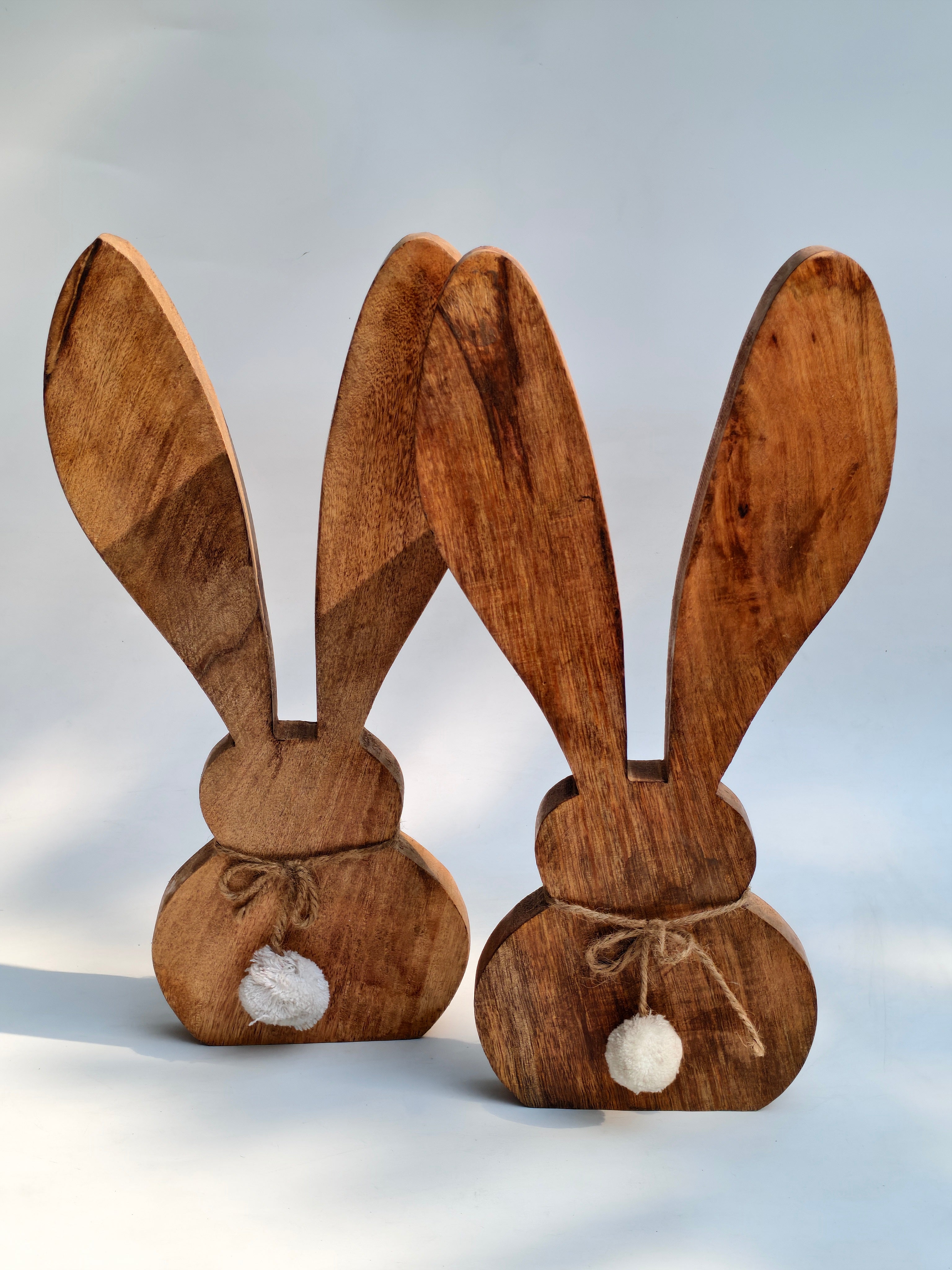 Natural Wood Bunny Decor with Cottontail | Handcrafted Wooden Rabbit Statue