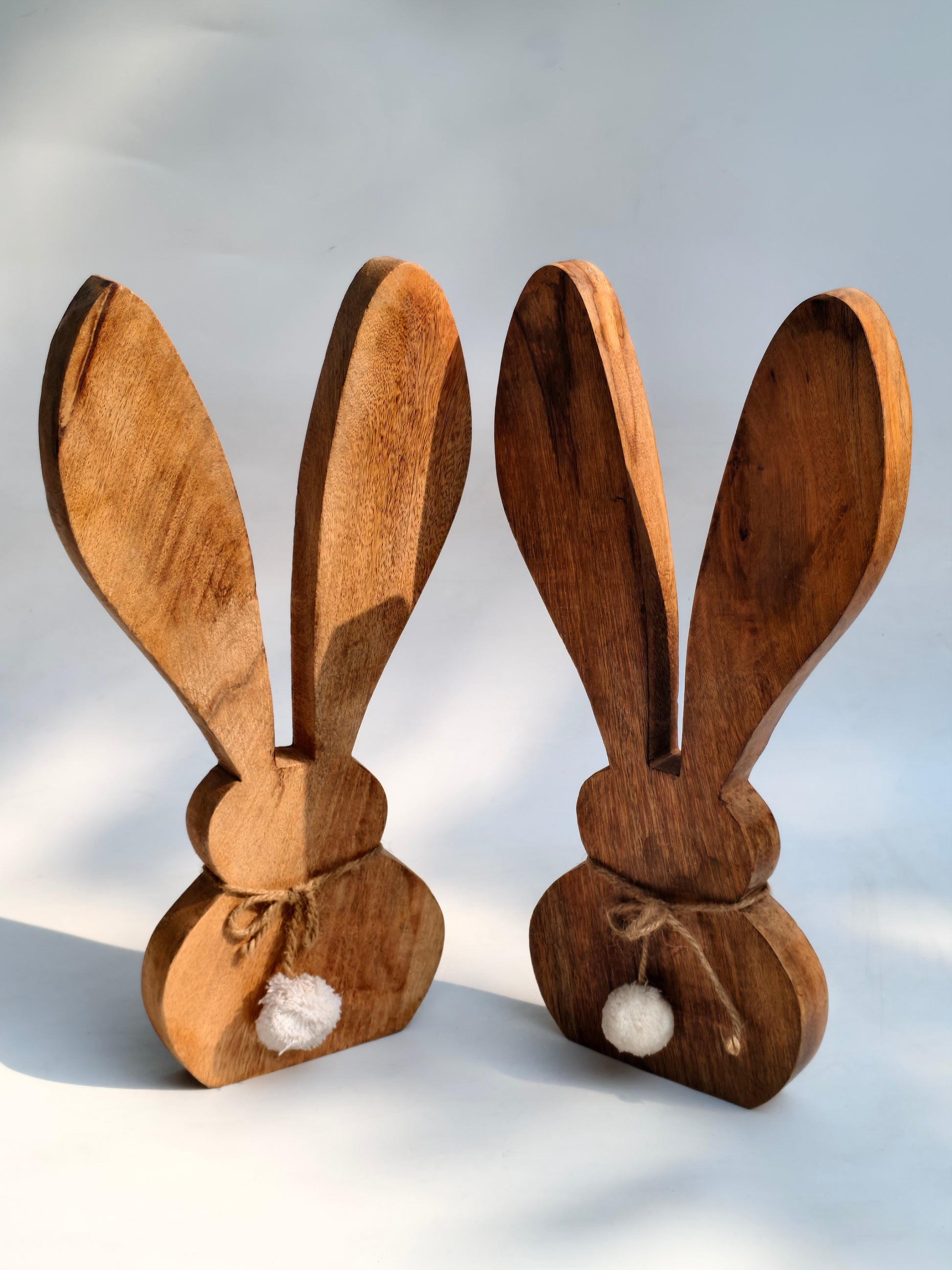 Natural Wood Bunny Decor with Cottontail | Handcrafted Wooden Rabbit Statue