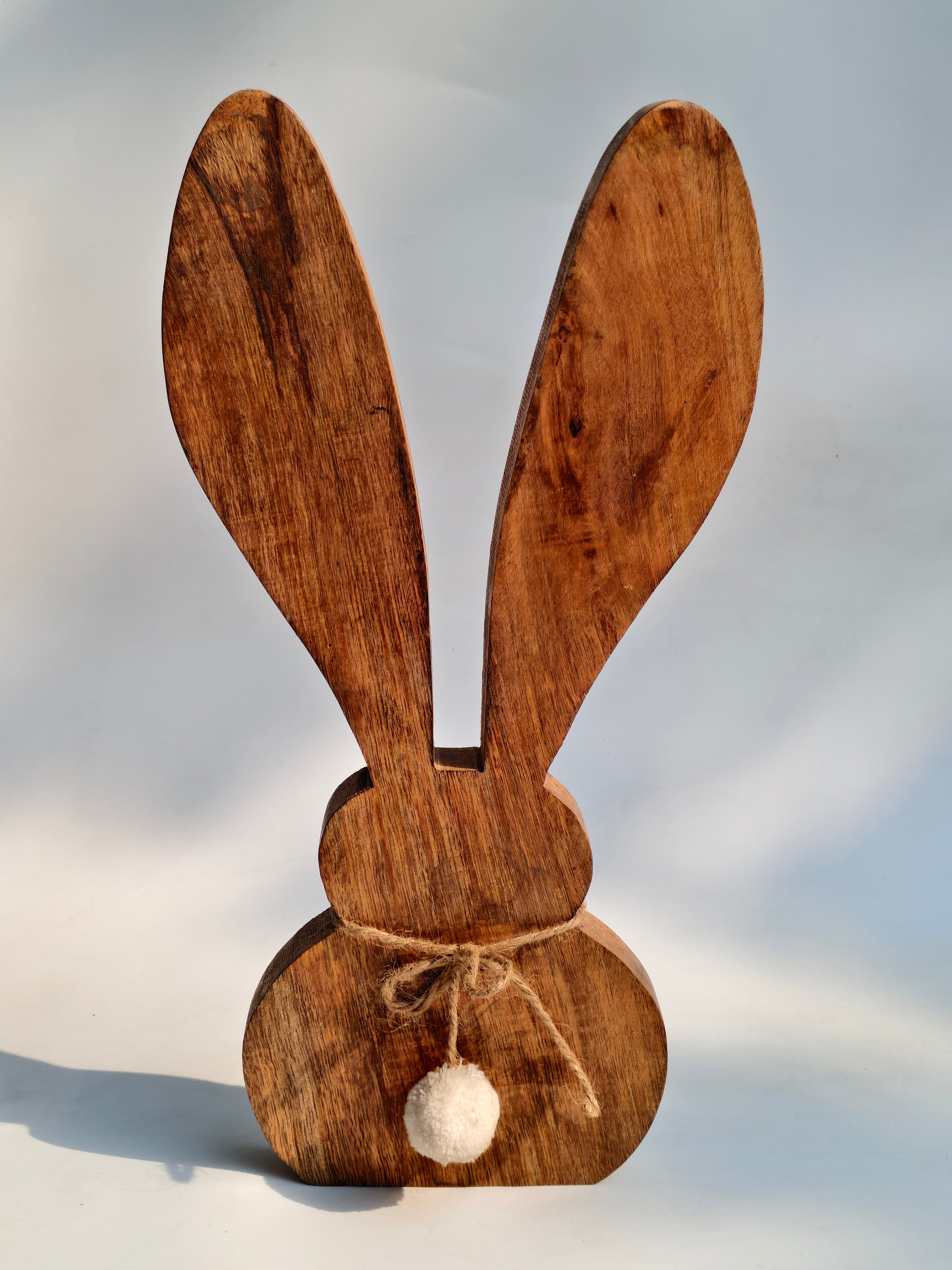 Natural Wood Bunny Decor with Cottontail | Handcrafted Wooden Rabbit Statue