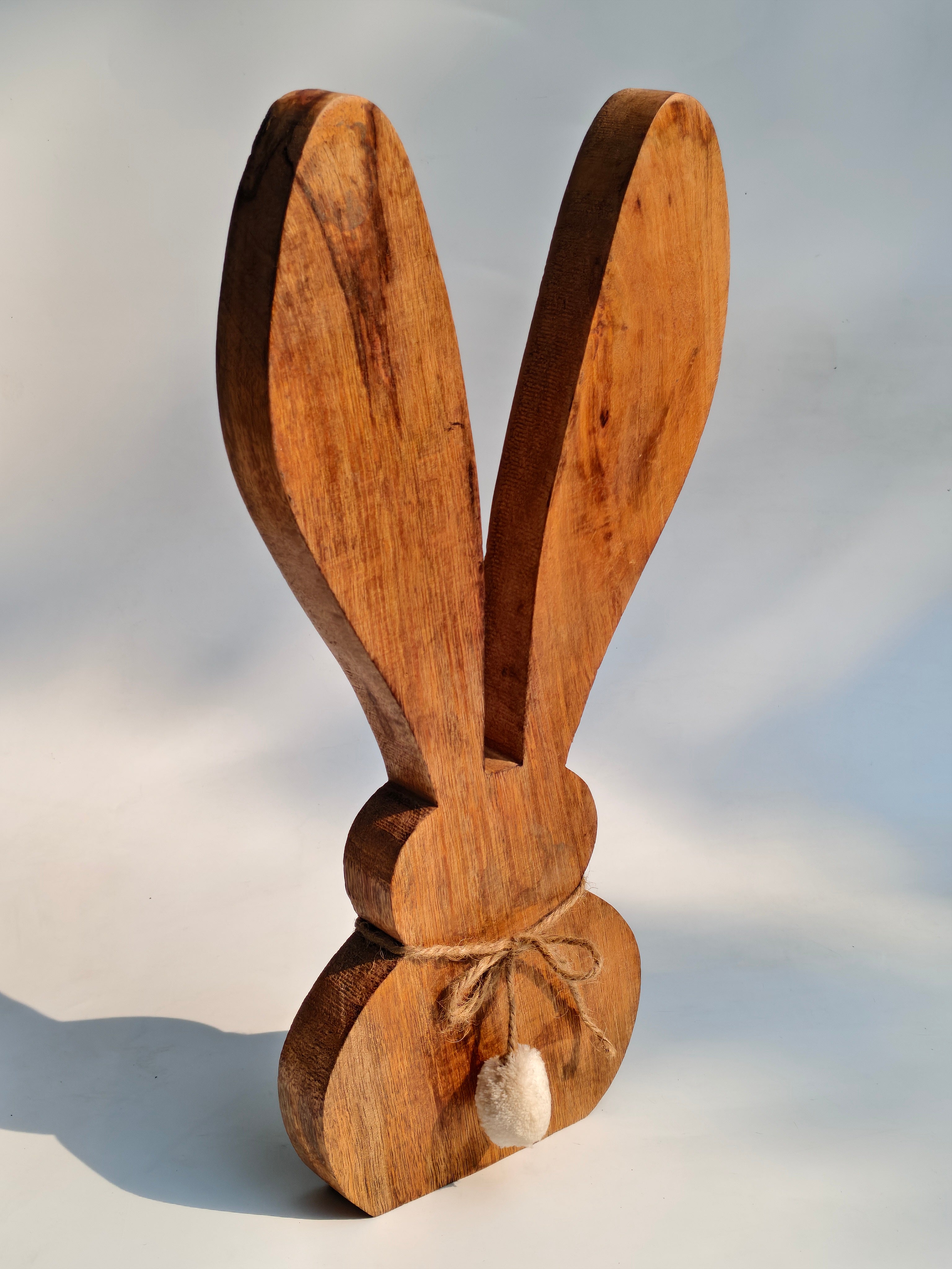 Natural Wood Bunny Decor with Cottontail | Handcrafted Wooden Rabbit Statue