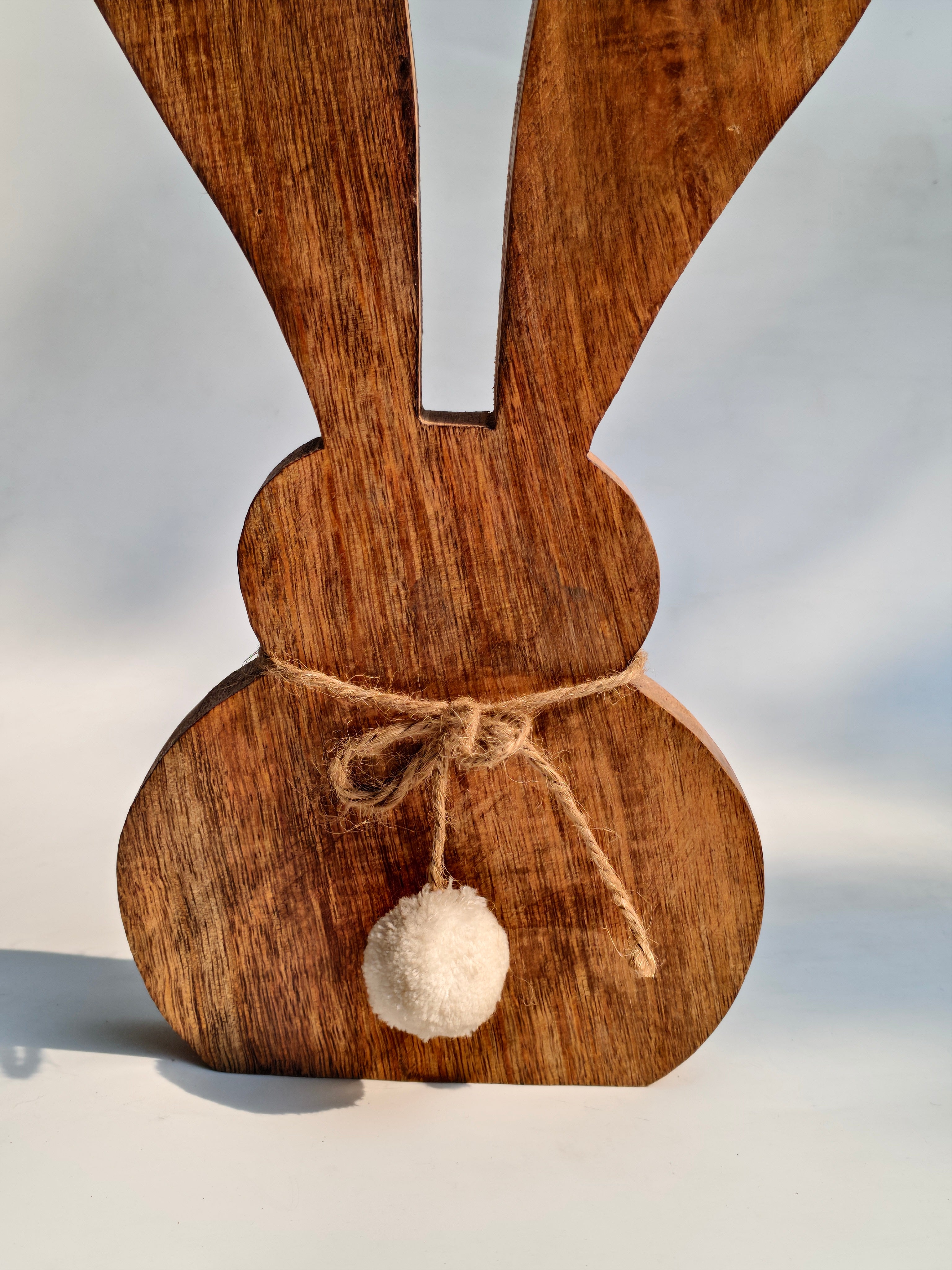 Natural Wood Bunny Decor with Cottontail | Handcrafted Wooden Rabbit Statue