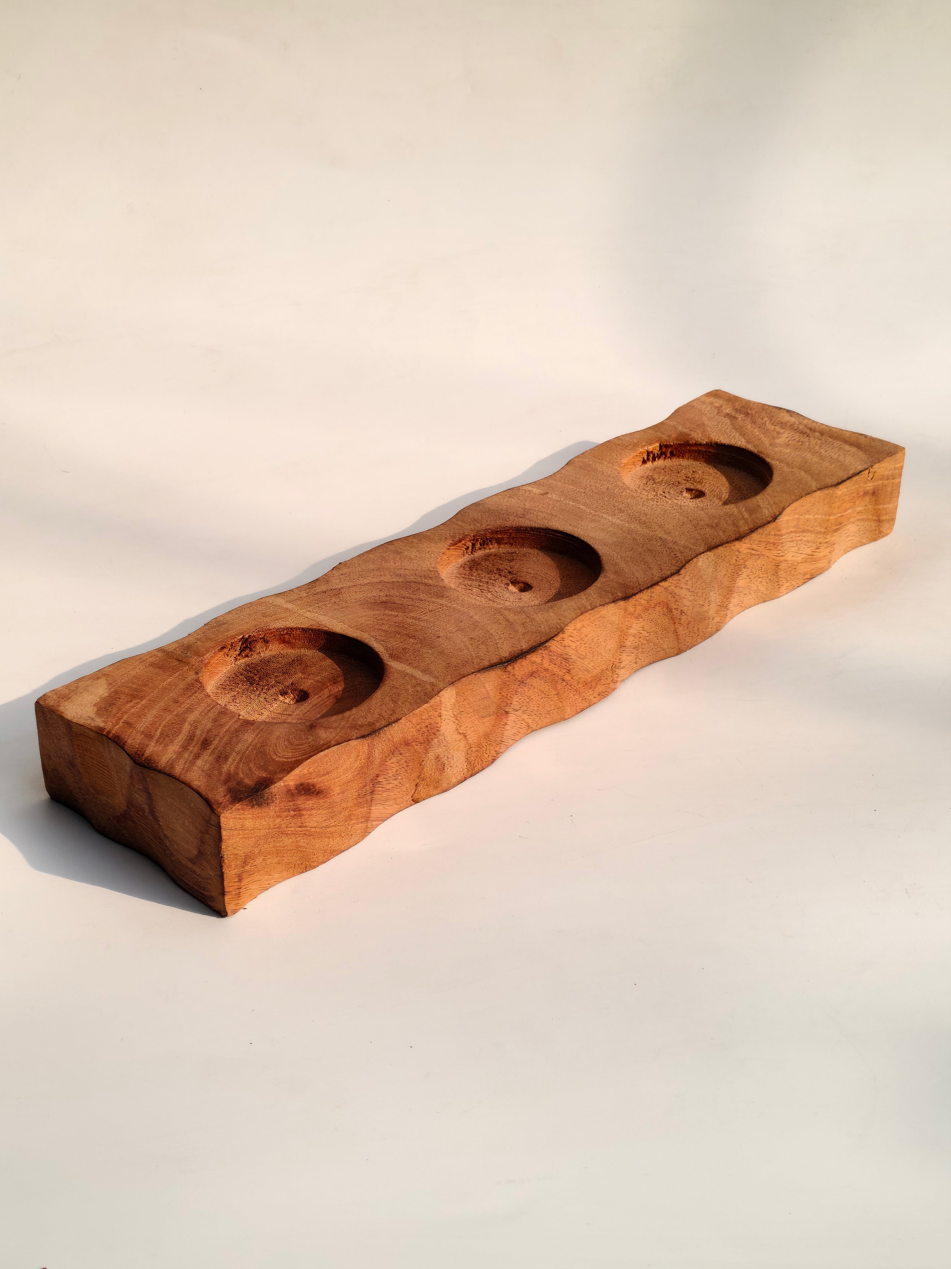 Handcrafted Wooden 3-Slot Candle Stand – Rustic Tabletop Décor