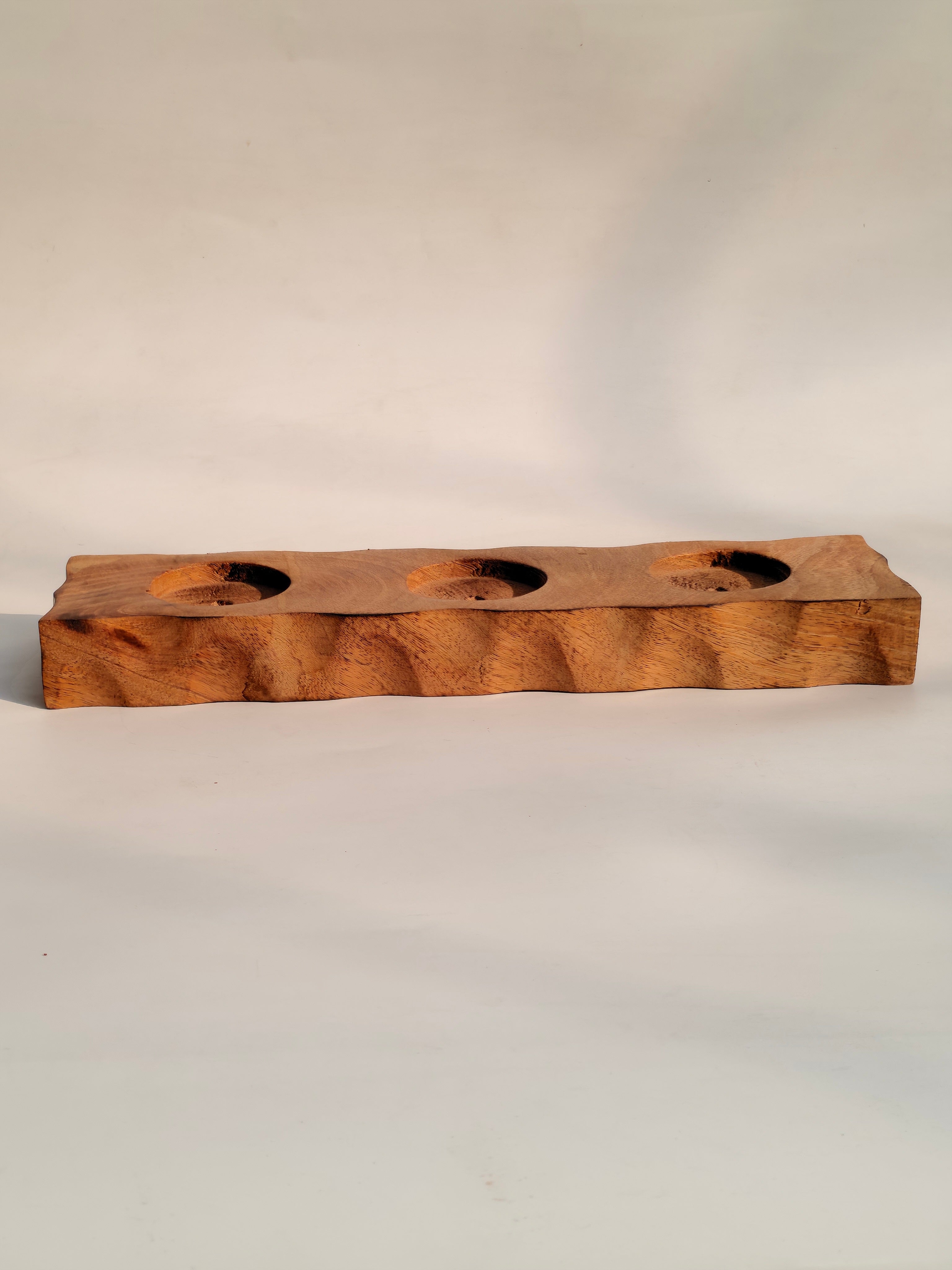 Handcrafted Wooden 3-Slot Candle Stand – Rustic Tabletop Décor