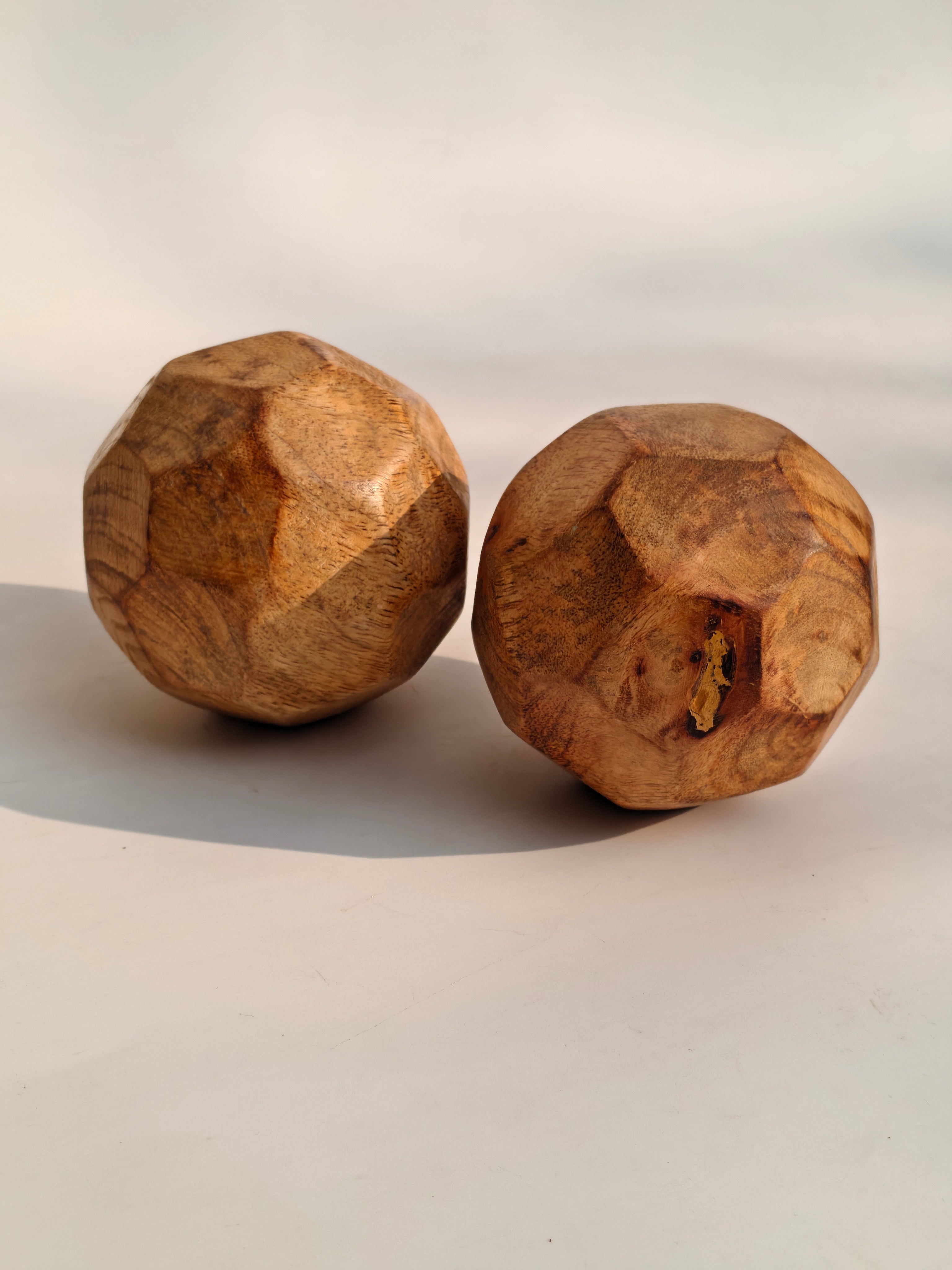 Hand-Carved Abstract Wood Sphere | Rustic Geometric Table Accent