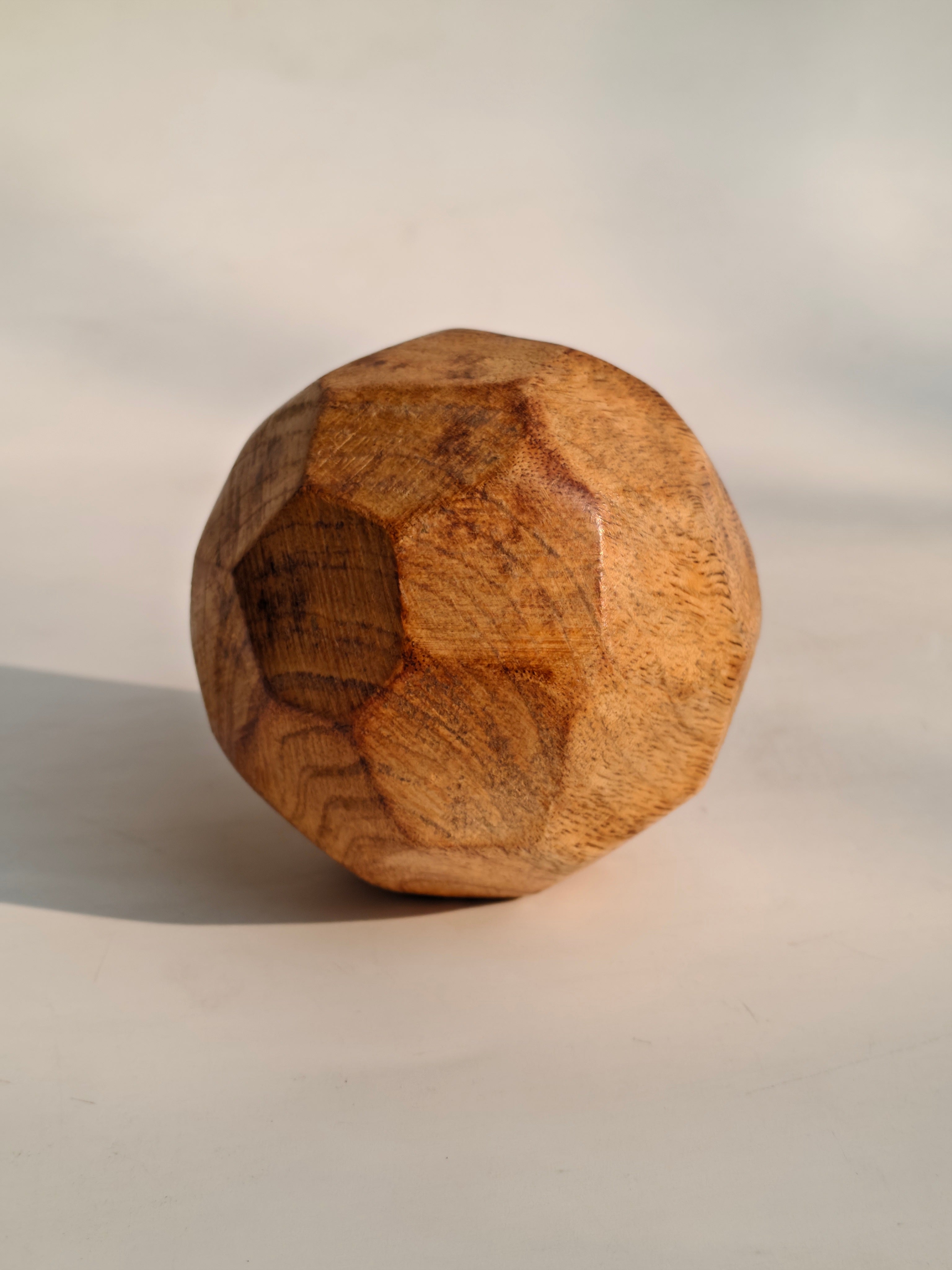 Hand-Carved Abstract Wood Sphere | Rustic Geometric Table Accent