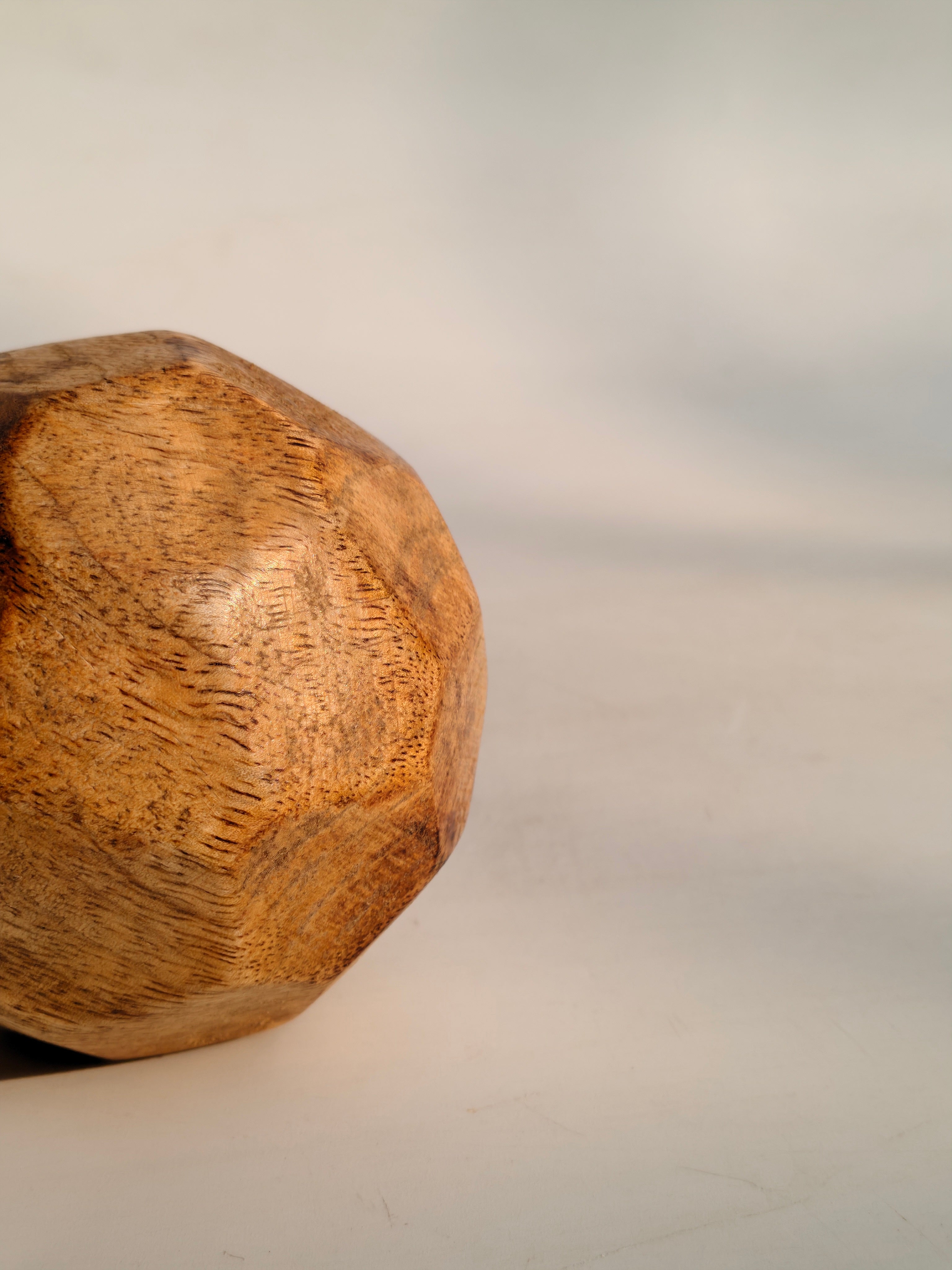 Hand-Carved Abstract Wood Sphere | Rustic Geometric Table Accent