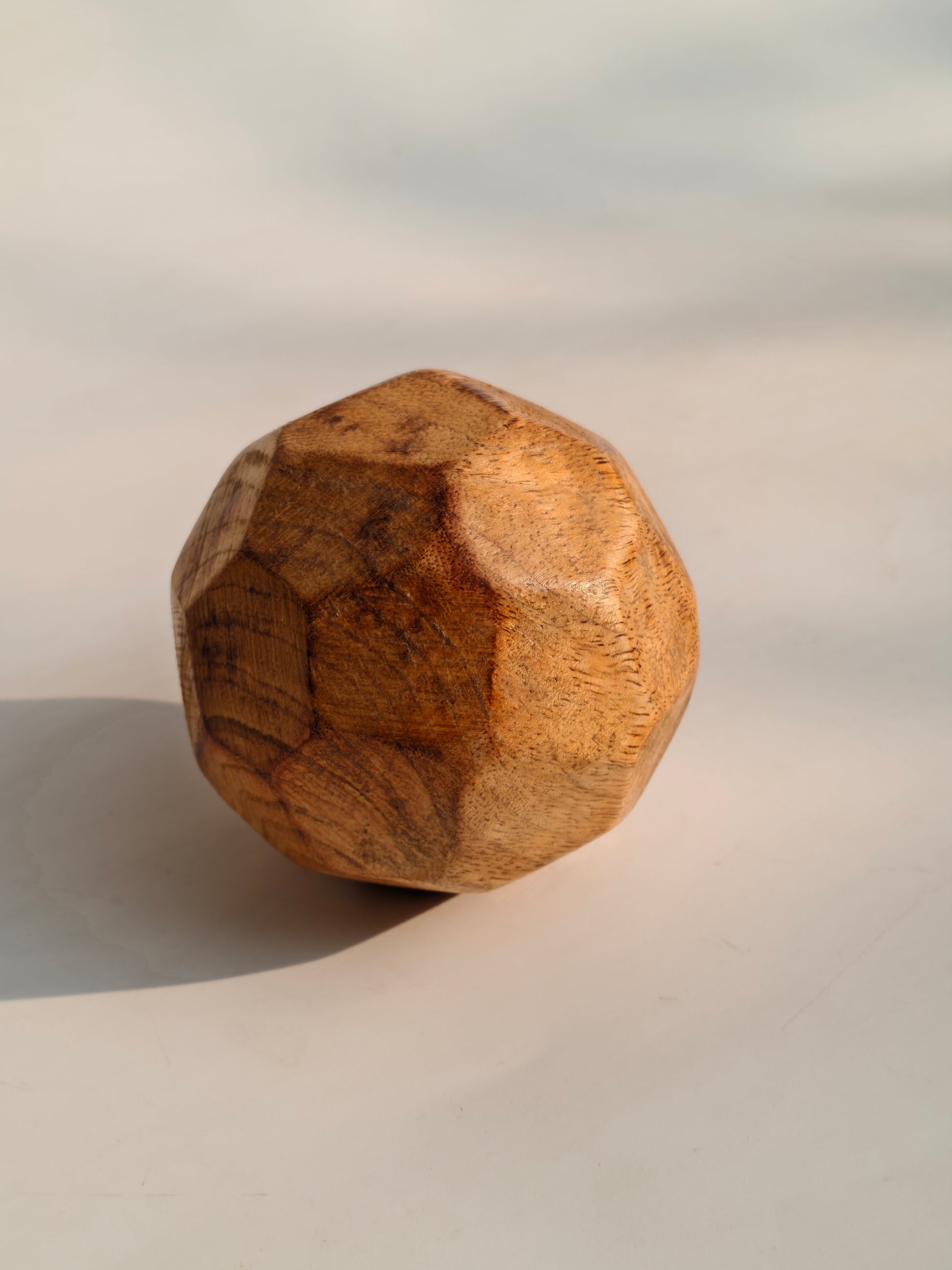Hand-Carved Abstract Wood Sphere | Rustic Geometric Table Accent