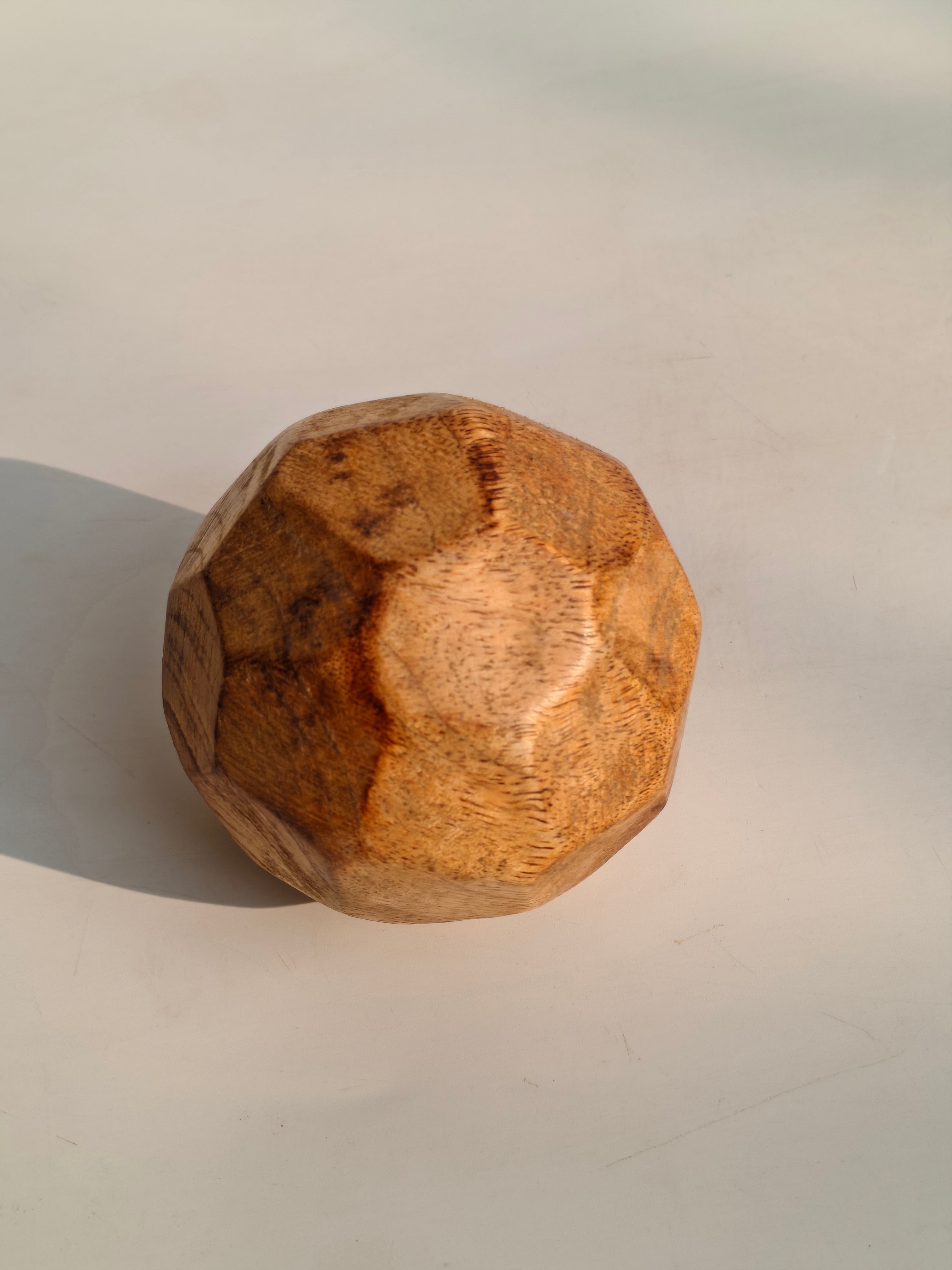 Hand-Carved Abstract Wood Sphere | Rustic Geometric Table Accent