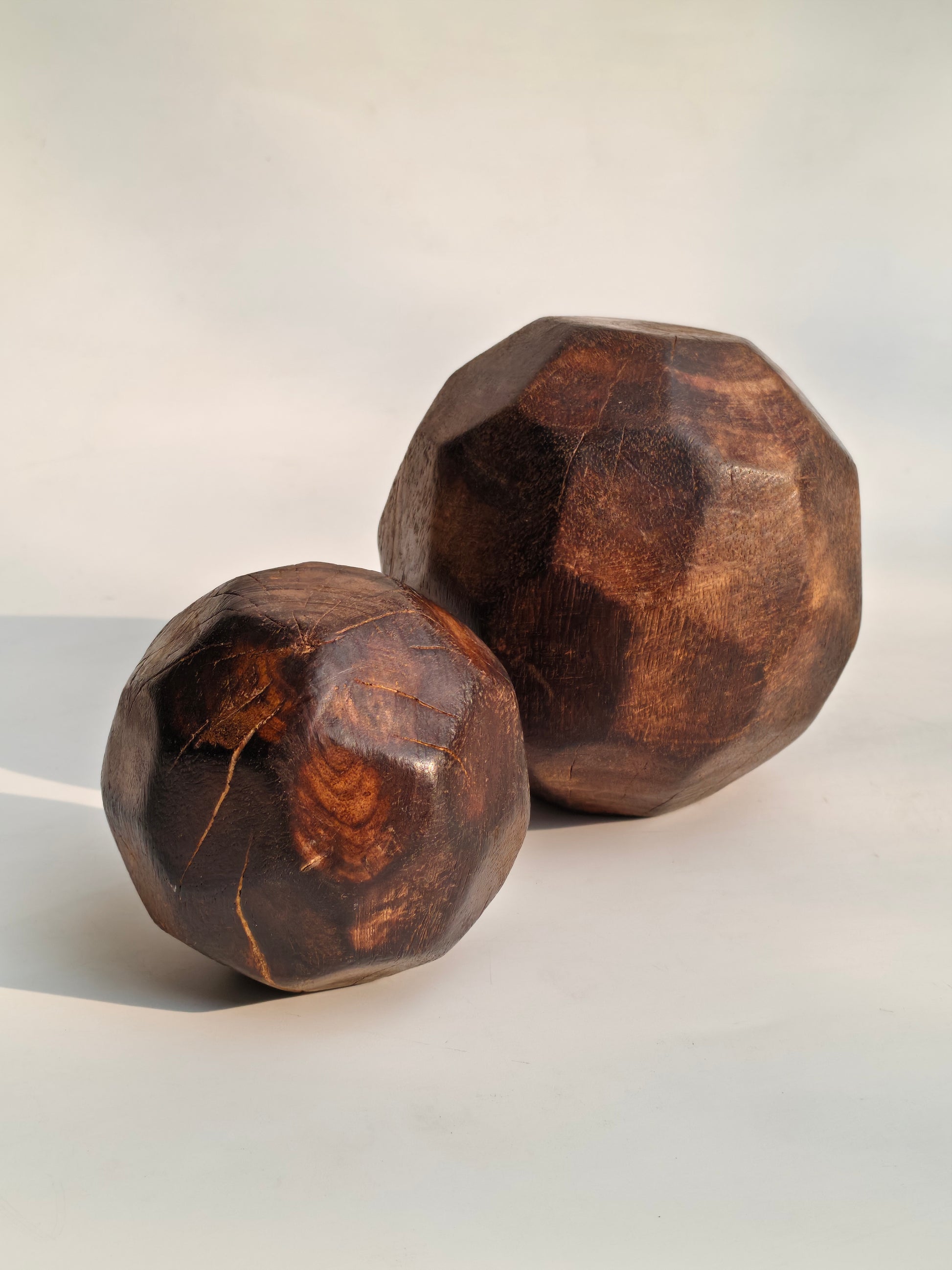 Set of 2 Dark Wood Faceted Decorative Spheres | Geometric Wooden Balls
