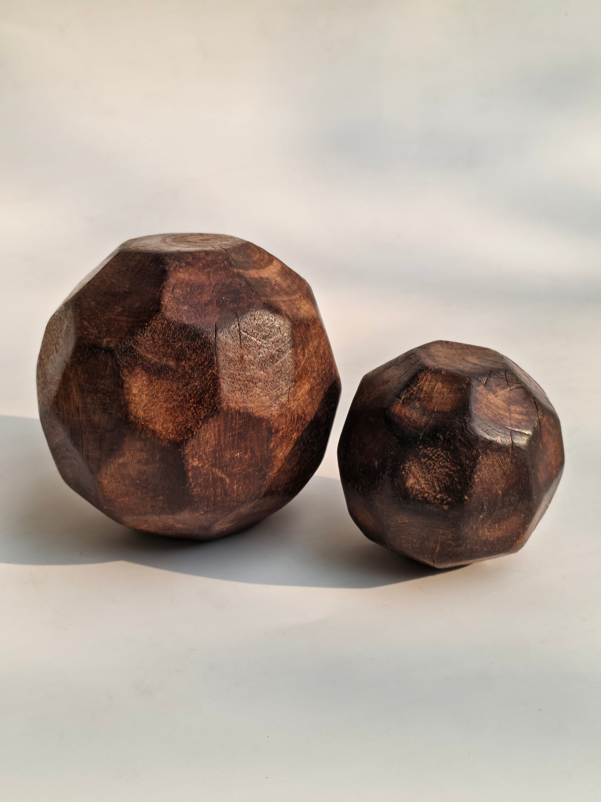 Set of 2 Dark Wood Faceted Decorative Spheres | Geometric Wooden Balls