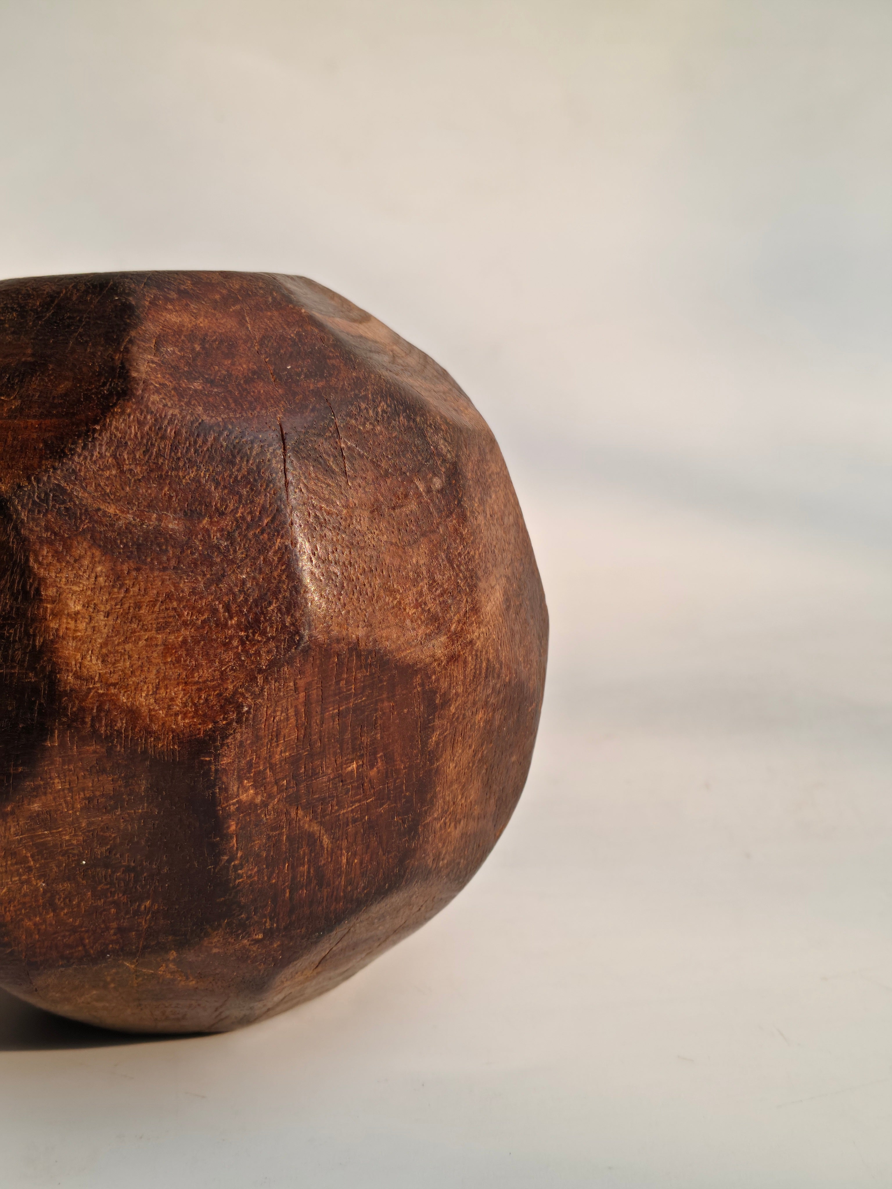 Set of 2 Dark Wood Faceted Decorative Spheres