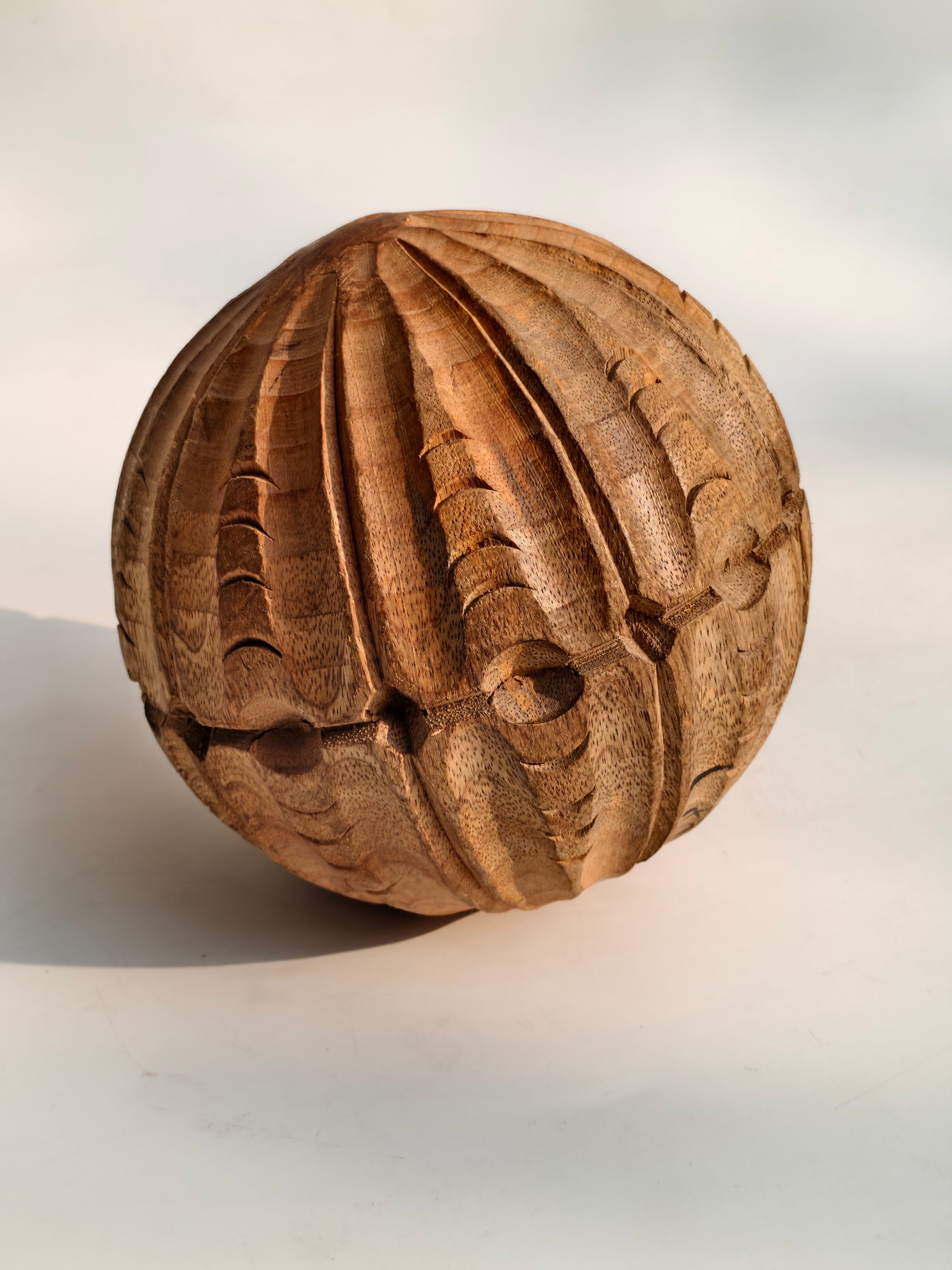 Hand-Carved Segmented Wooden Sphere | Deep Relief Grooves