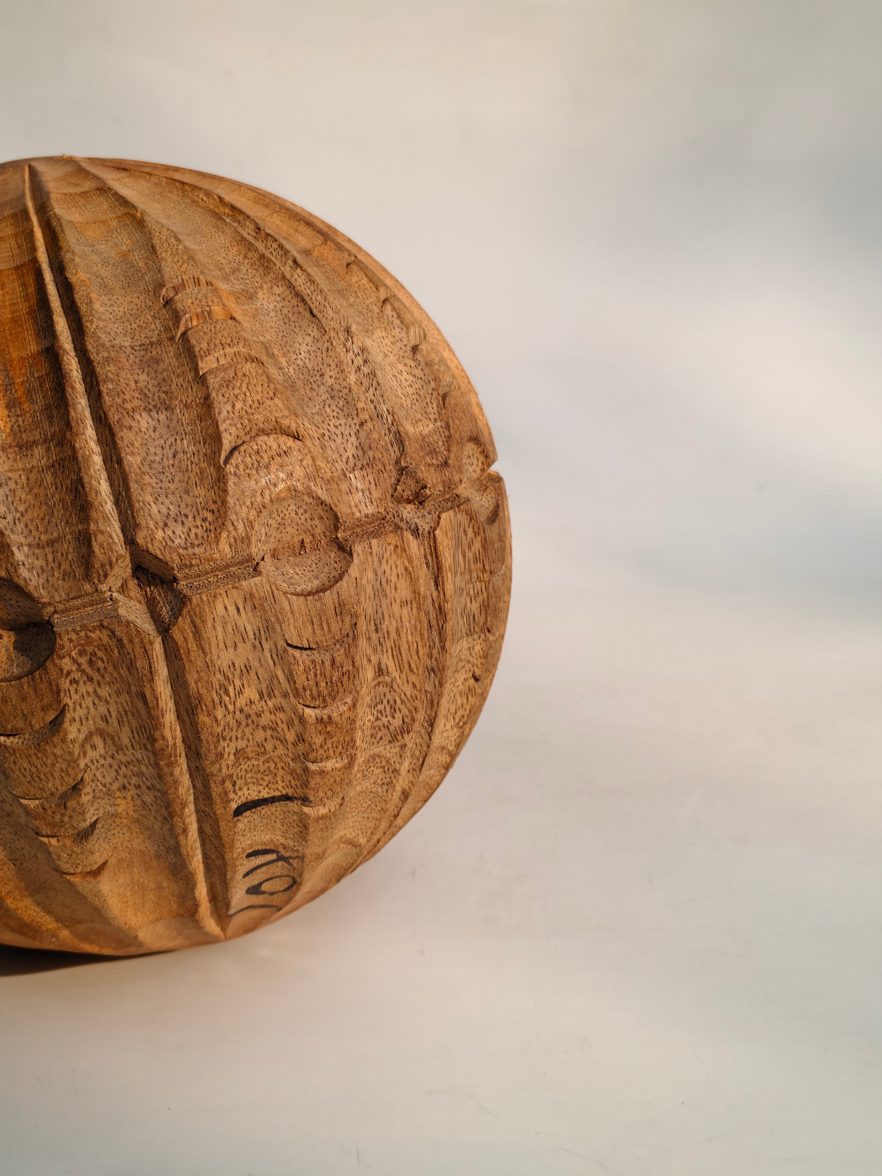 Hand-Carved Segmented Wooden Sphere | Deep Relief Grooves
